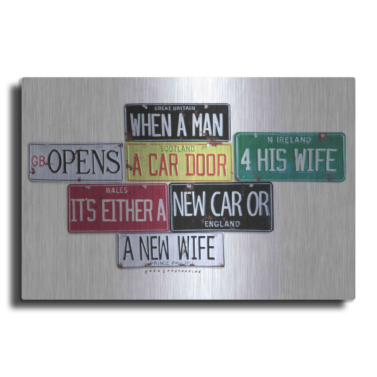 Luxe Metal Art 'Prince Phillip New Car Or New Wife' by Gregory Constantine, Metal Wall Art