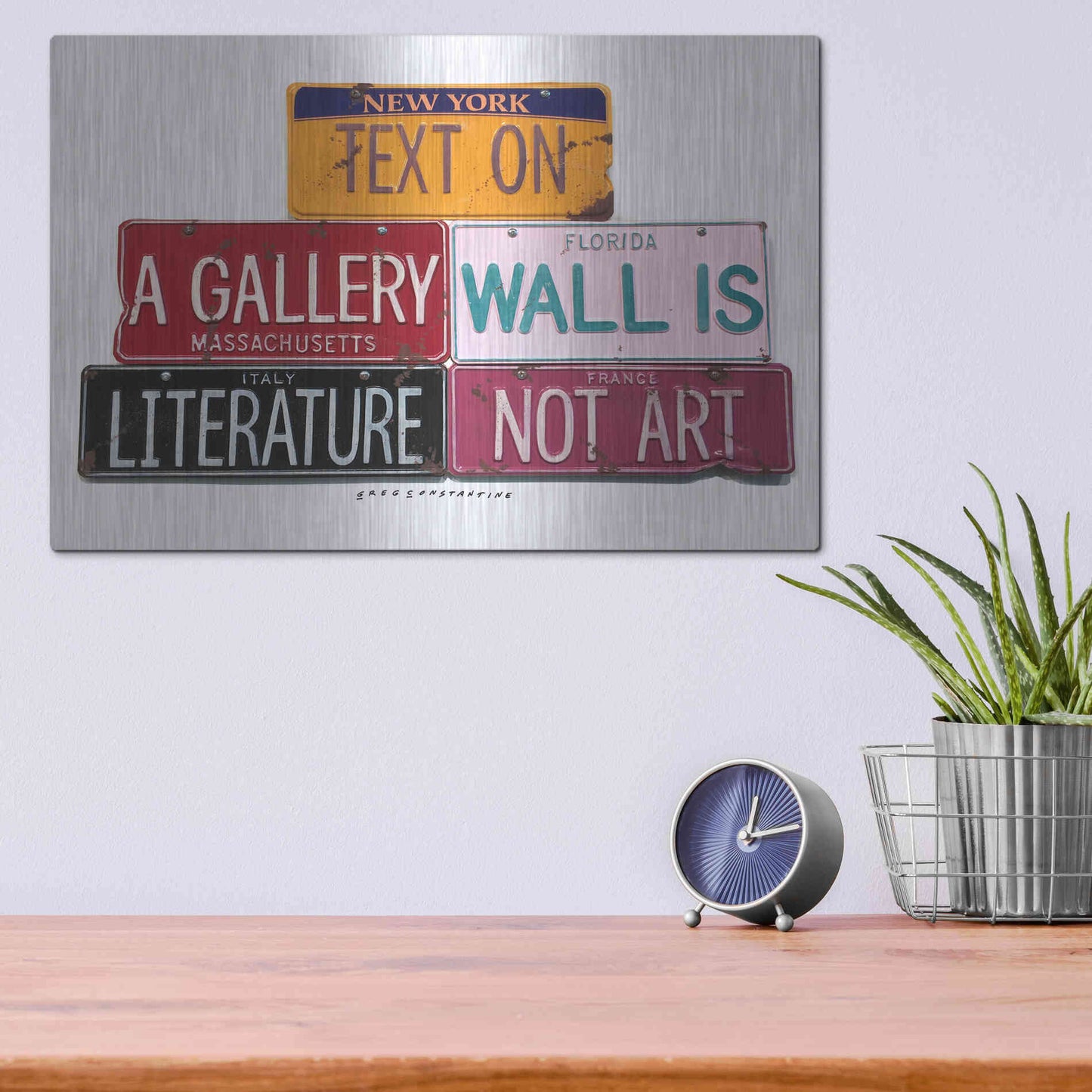 Luxe Metal Art 'Text On Gallery Wall' by Gregory Constantine, Metal Wall Art,16x12