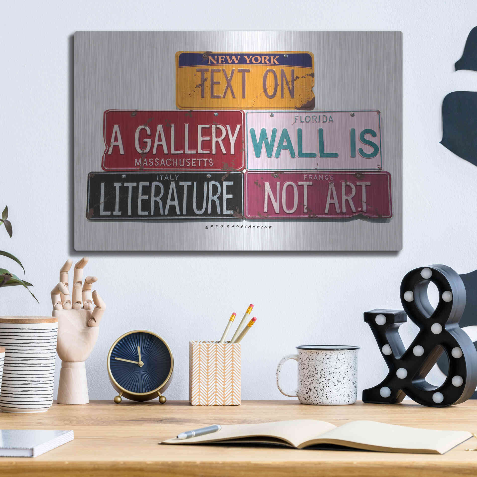 Luxe Metal Art 'Text On Gallery Wall' by Gregory Constantine, Metal Wall Art,16x12