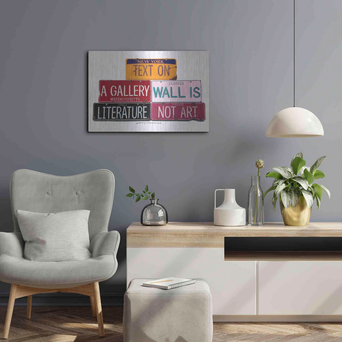 Luxe Metal Art 'Text On Gallery Wall' by Gregory Constantine, Metal Wall Art,24x16