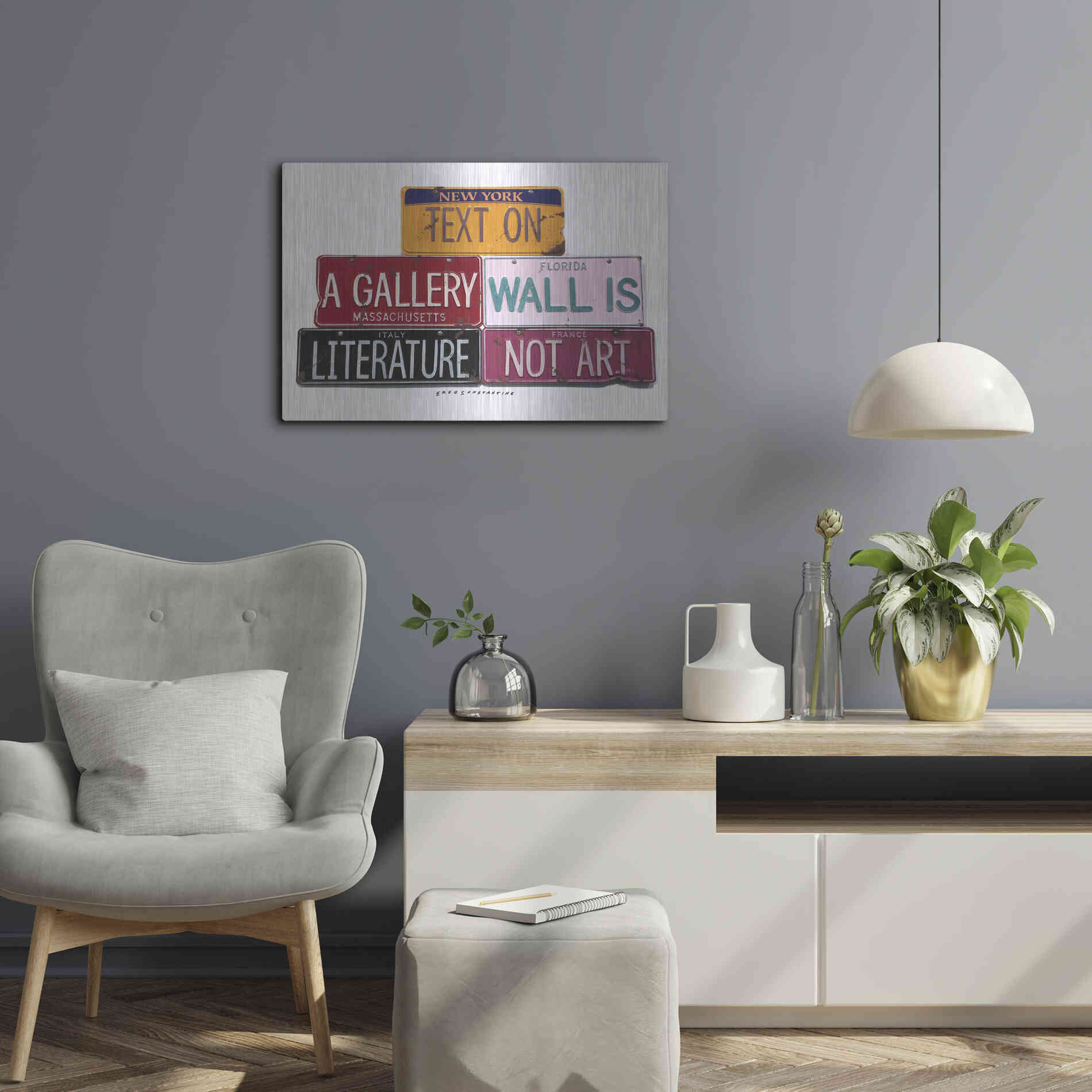 Luxe Metal Art 'Text On Gallery Wall' by Gregory Constantine, Metal Wall Art,24x16