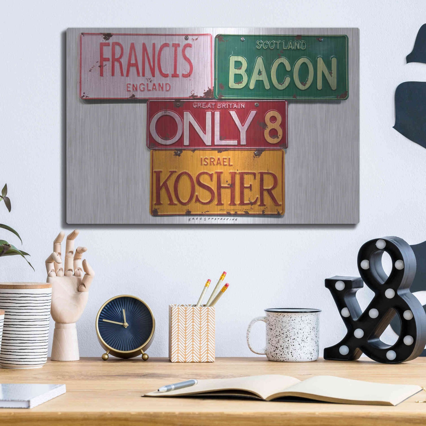 Luxe Metal Art 'Bacon Kosher' by Gregory Constantine, Metal Wall Art,16x12