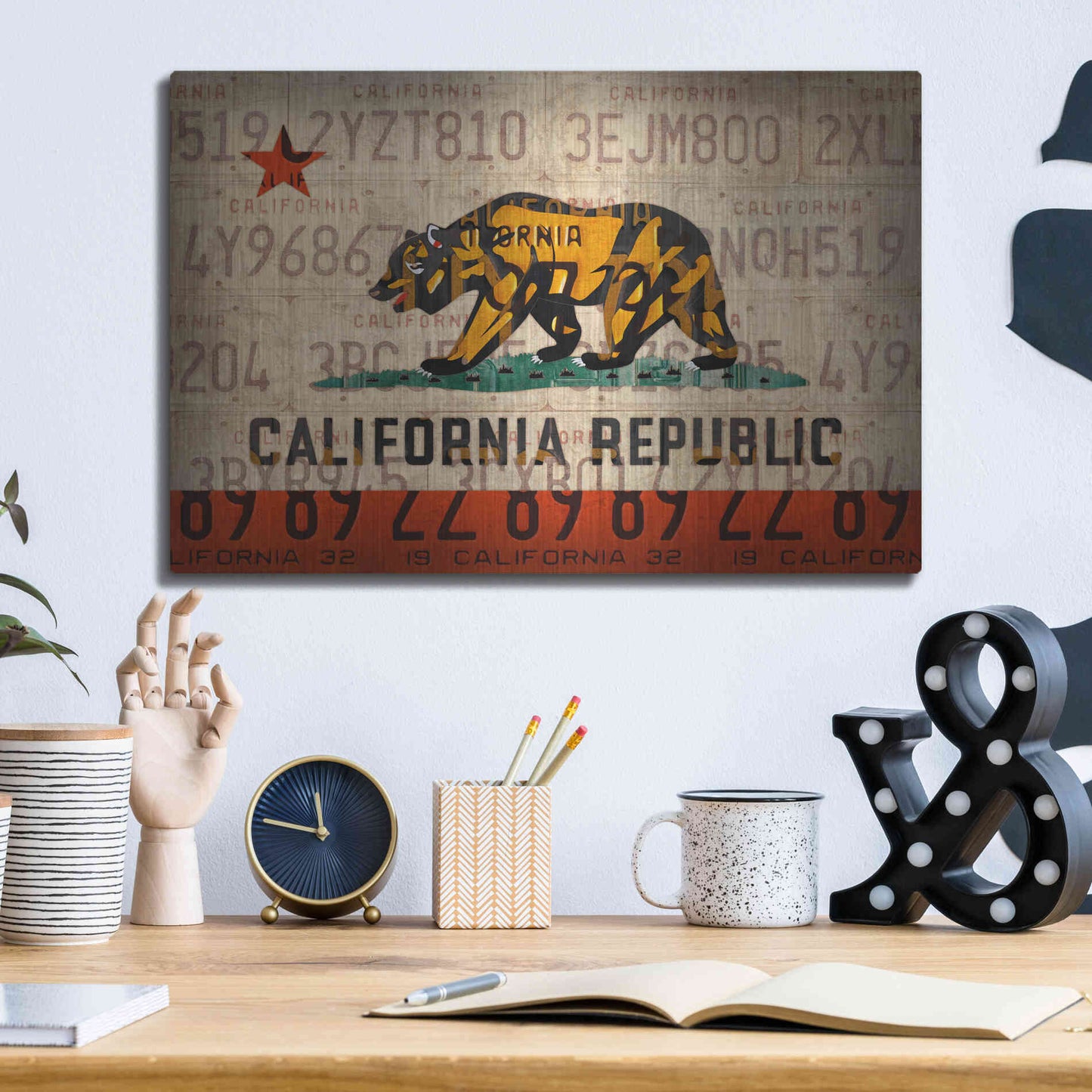 Luxe Metal Art 'Cali State Flag License Plates' by Design Turnpike, Metal Wall Art,16x12
