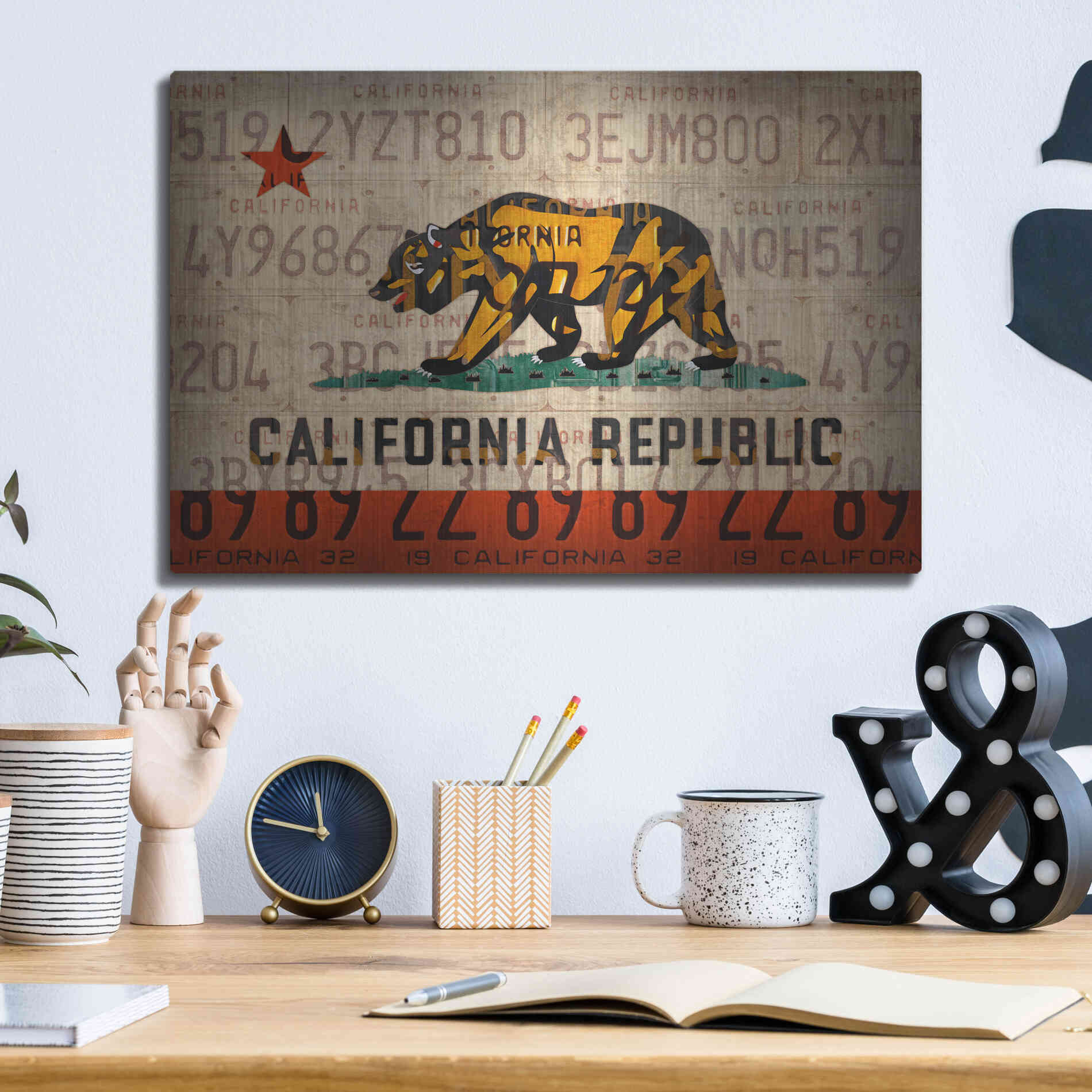 Luxe Metal Art 'Cali State Flag License Plates' by Design Turnpike, Metal Wall Art,16x12