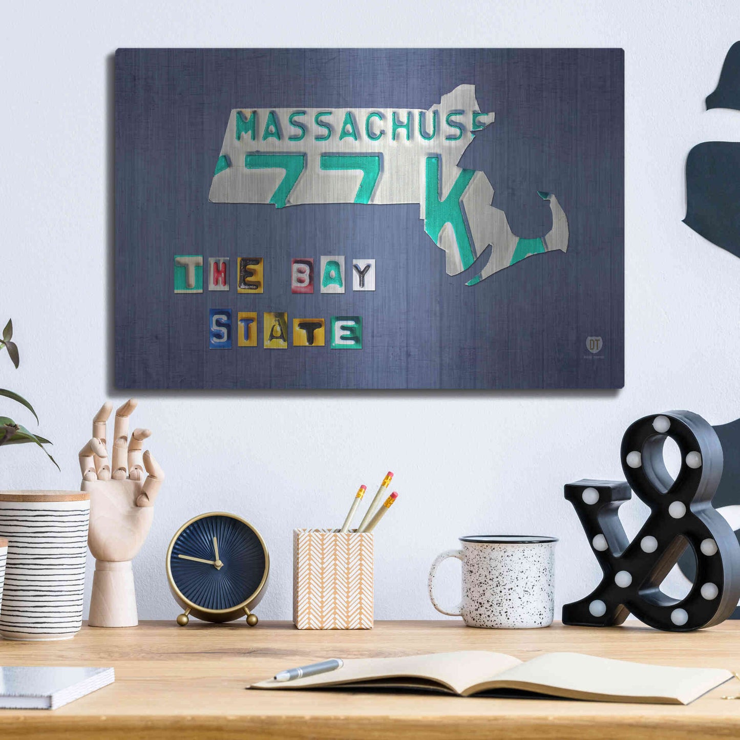 Luxe Metal Art 'Massachusetts License Plate Map' by Design Turnpike, Metal Wall Art,16x12