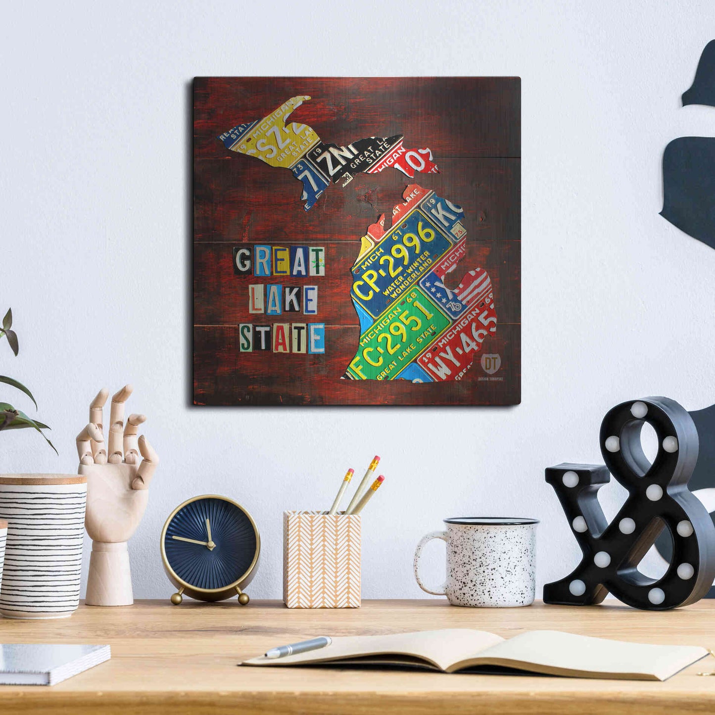 Luxe Metal Art 'Michigan License Plate Map Large' by Design Turnpike, Metal Wall Art,12x12