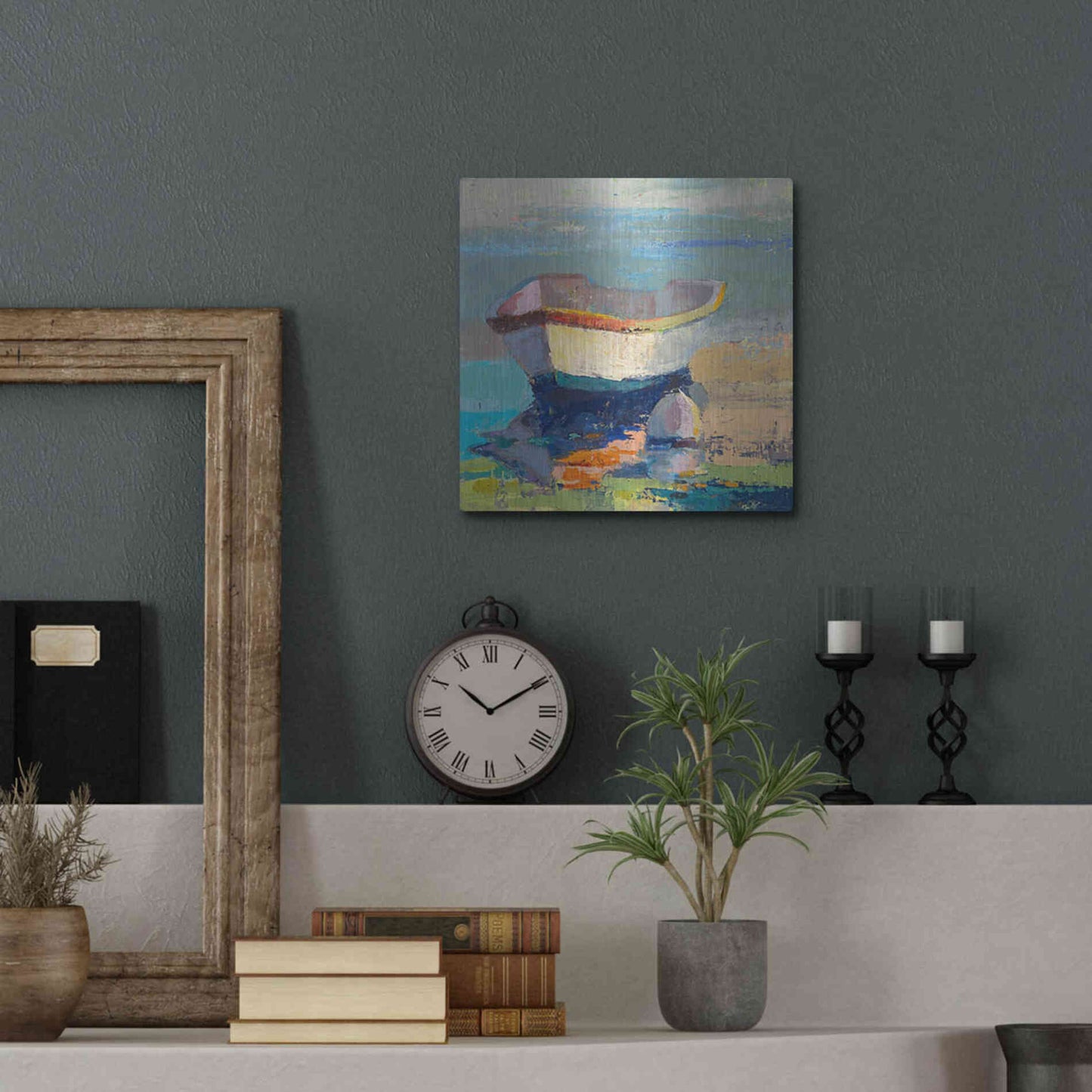 Luxe Metal Art 'Bottle Green Boat' by Beth Forst, Metal Wall Art,12x12