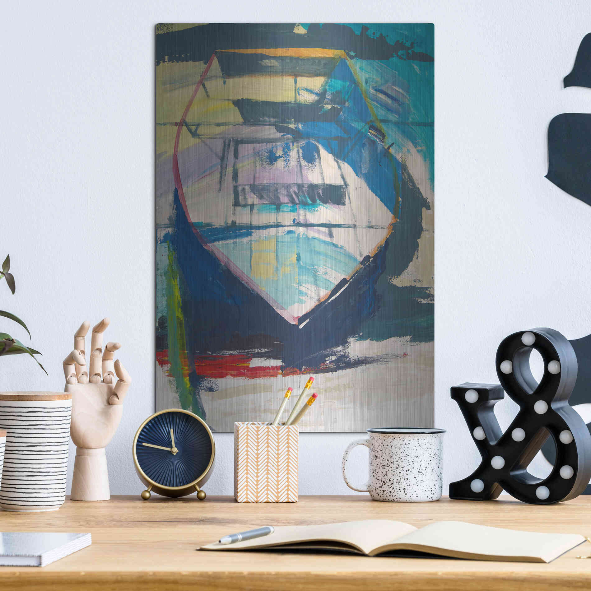 Luxe Metal Art 'Red Green Skiff' by Beth Forst, Metal Wall Art,12x16