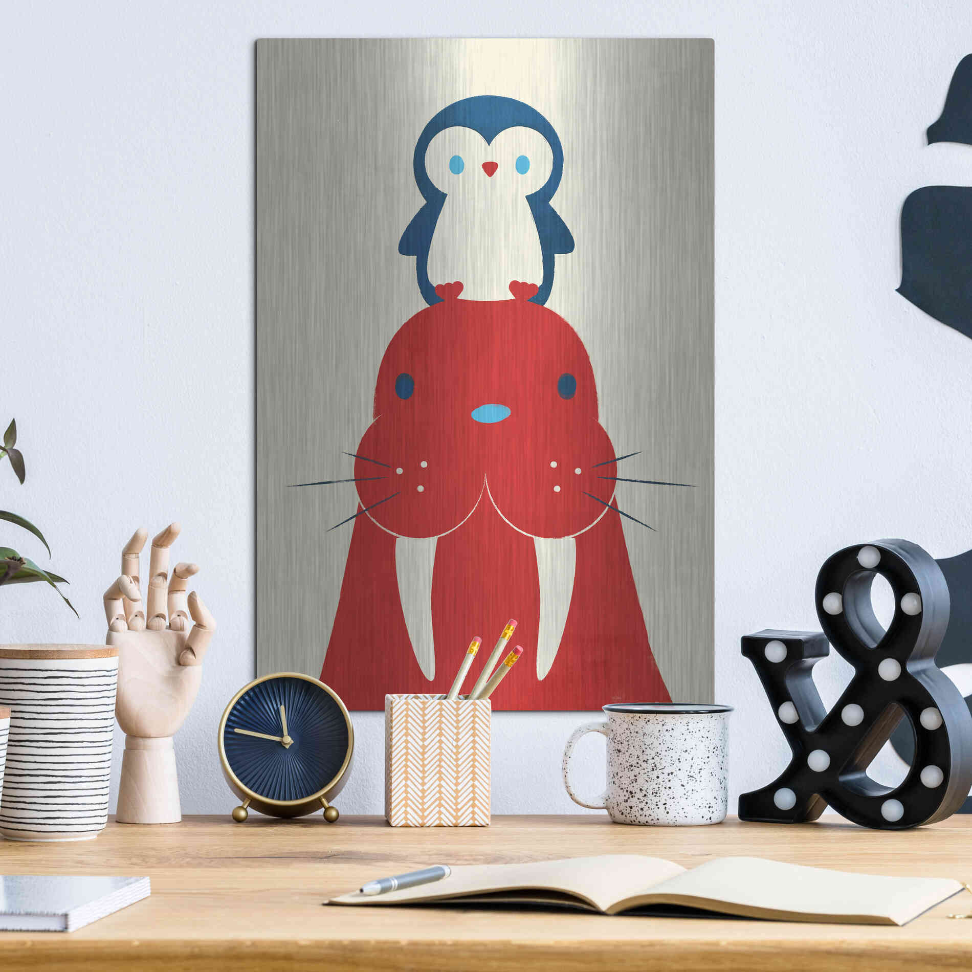 Luxe Metal Art 'Penguin and Walrus' by Jay Fleck, Metal Wall Art,12x16