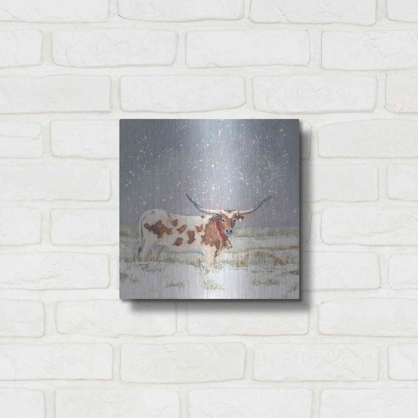Luxe Metal Art 'Longhorn Holiday  ' by Sara Baker, Metal Wall Art,12x12