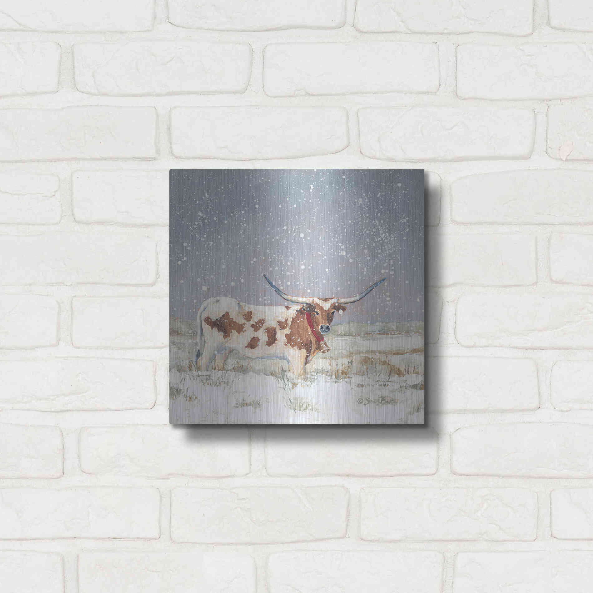 Luxe Metal Art 'Longhorn Holiday  ' by Sara Baker, Metal Wall Art,12x12