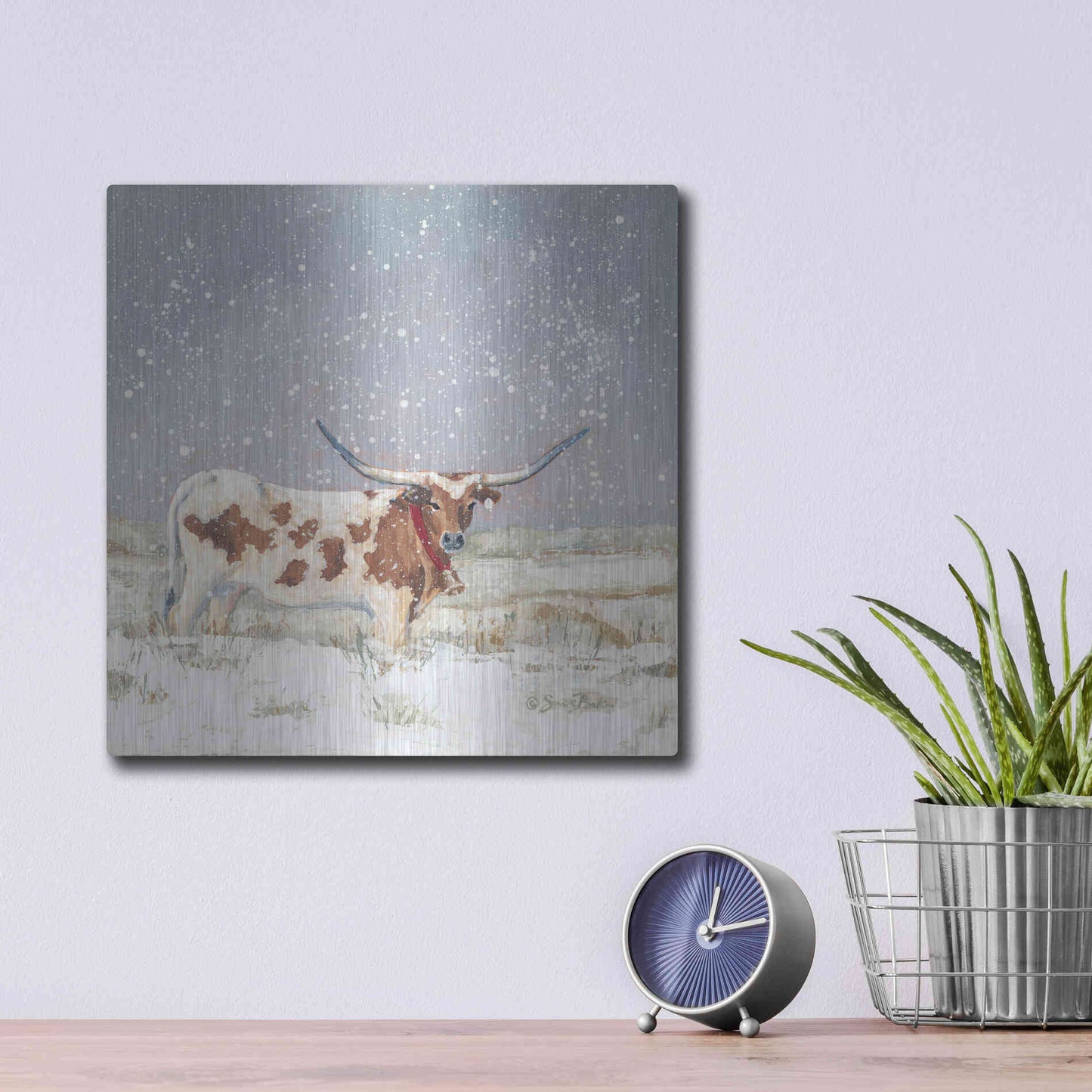 Luxe Metal Art 'Longhorn Holiday  ' by Sara Baker, Metal Wall Art,12x12