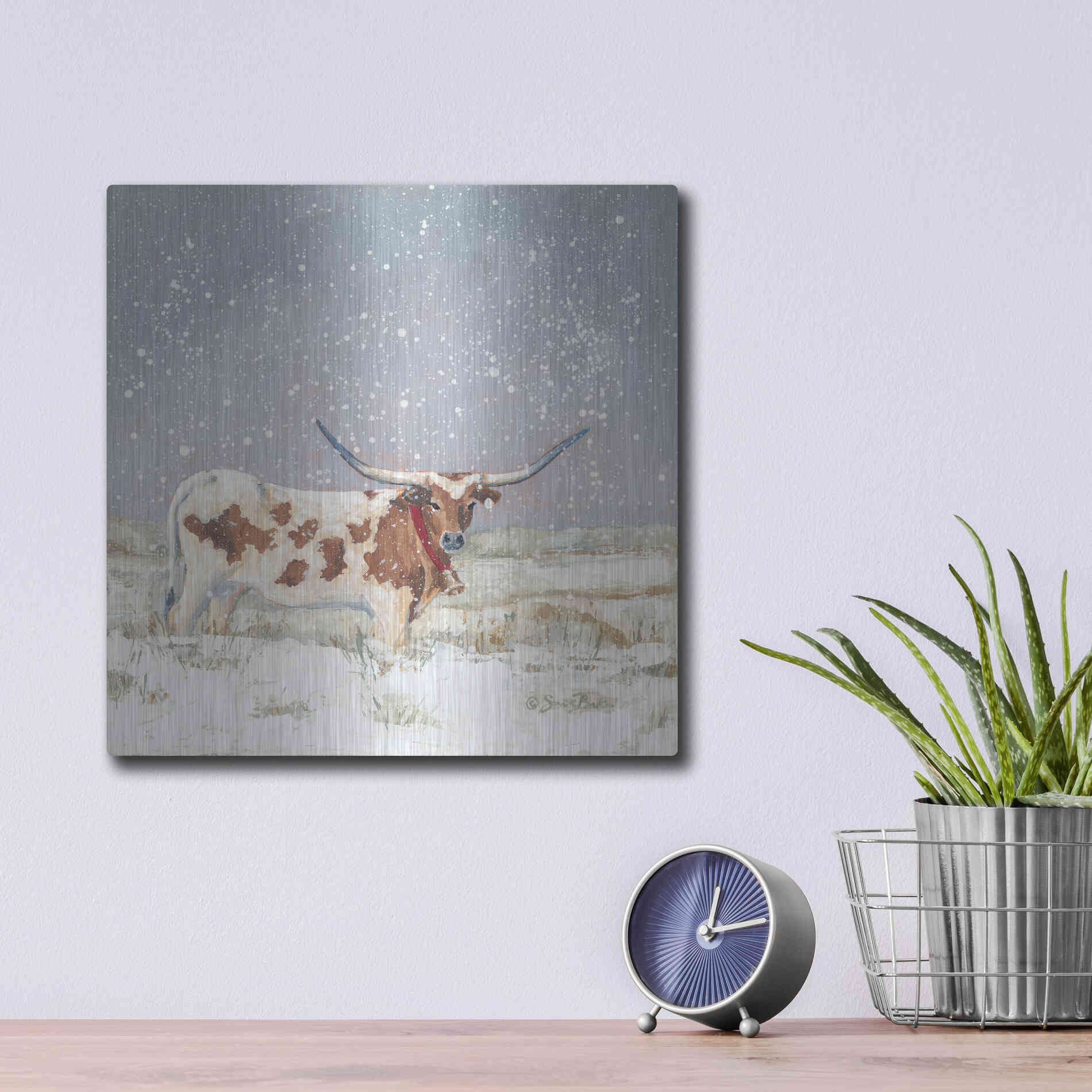 Luxe Metal Art 'Longhorn Holiday  ' by Sara Baker, Metal Wall Art,12x12