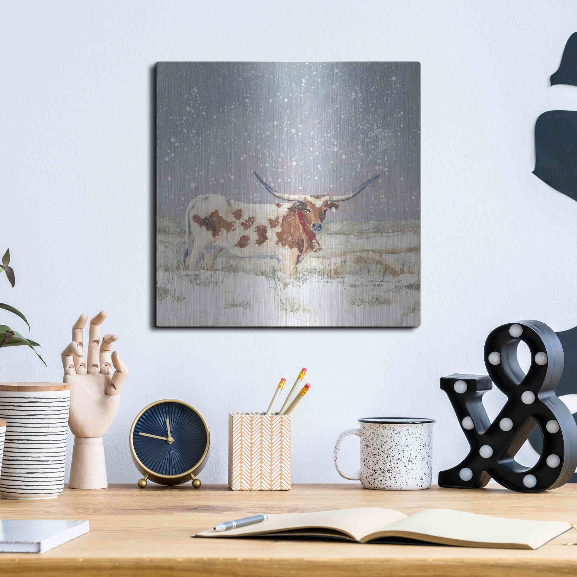 Luxe Metal Art 'Longhorn Holiday  ' by Sara Baker, Metal Wall Art,12x12