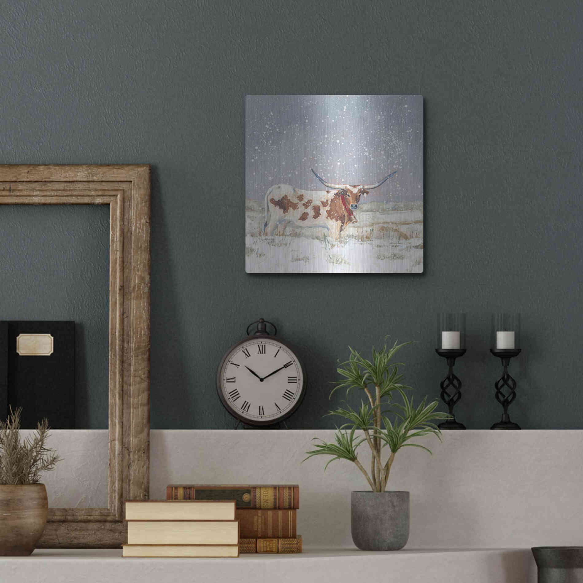 Luxe Metal Art 'Longhorn Holiday  ' by Sara Baker, Metal Wall Art,12x12