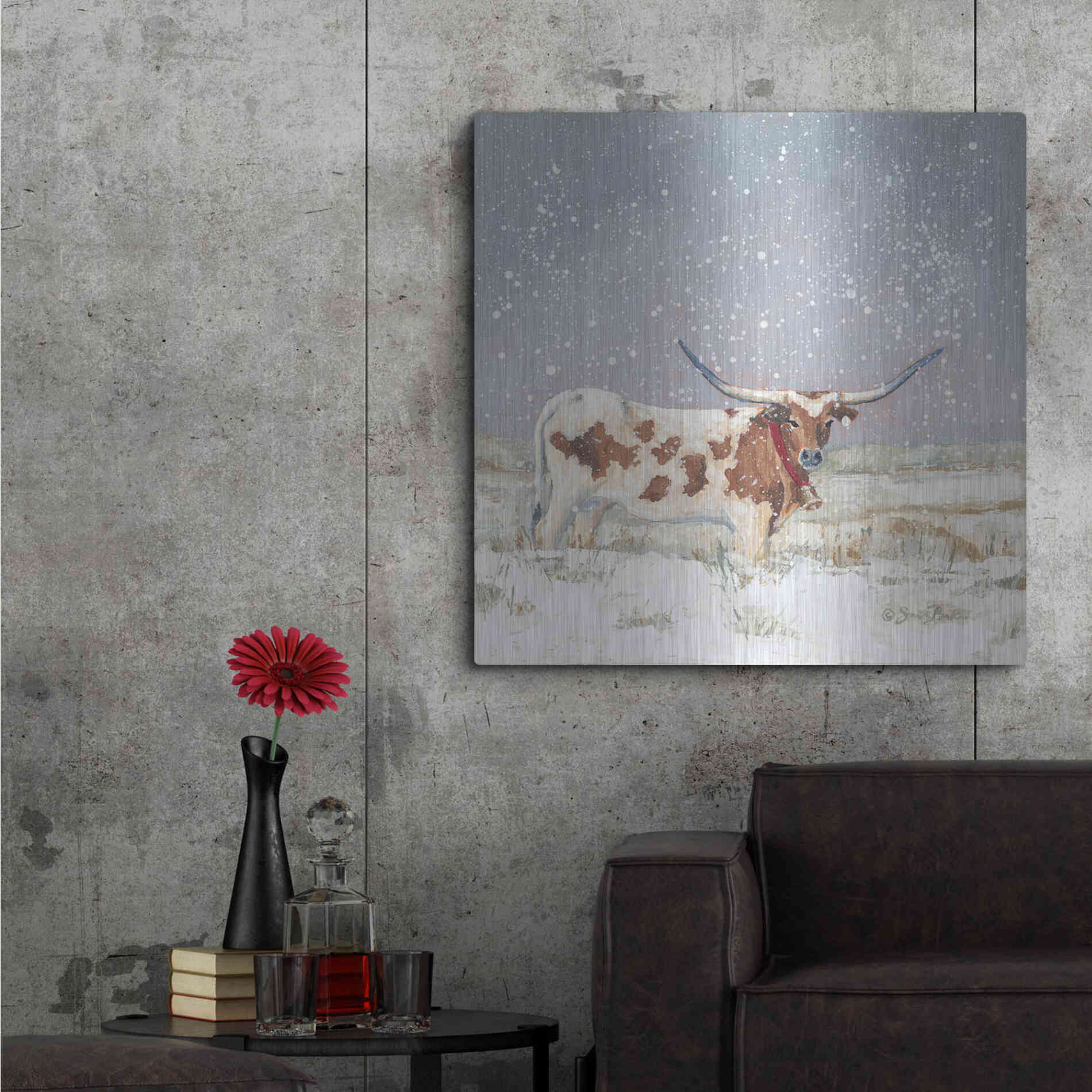 Luxe Metal Art 'Longhorn Holiday  ' by Sara Baker, Metal Wall Art,36x36