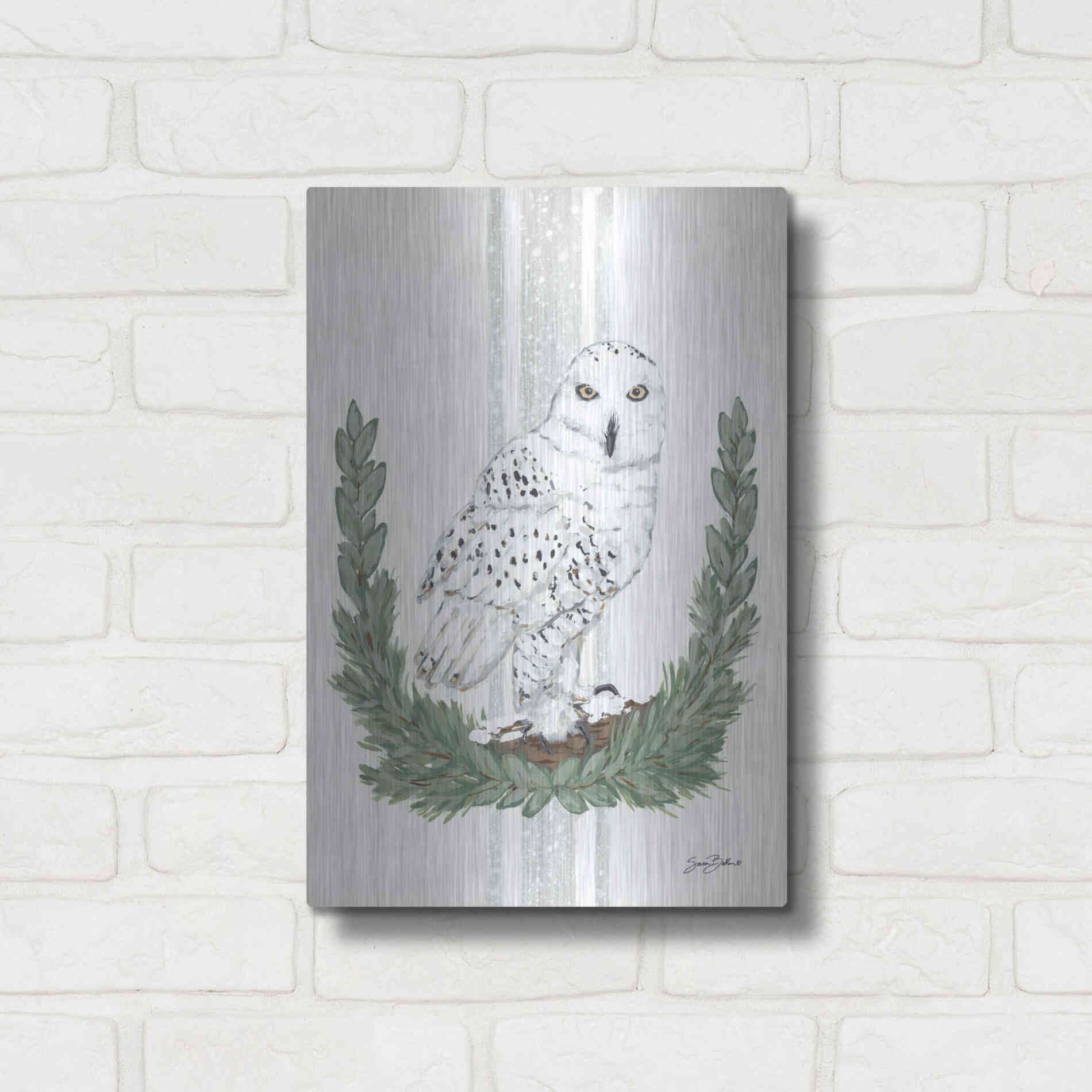 Luxe Metal Art 'Arctic Winter Owl  ' by Sara Baker, Metal Wall Art,12x16