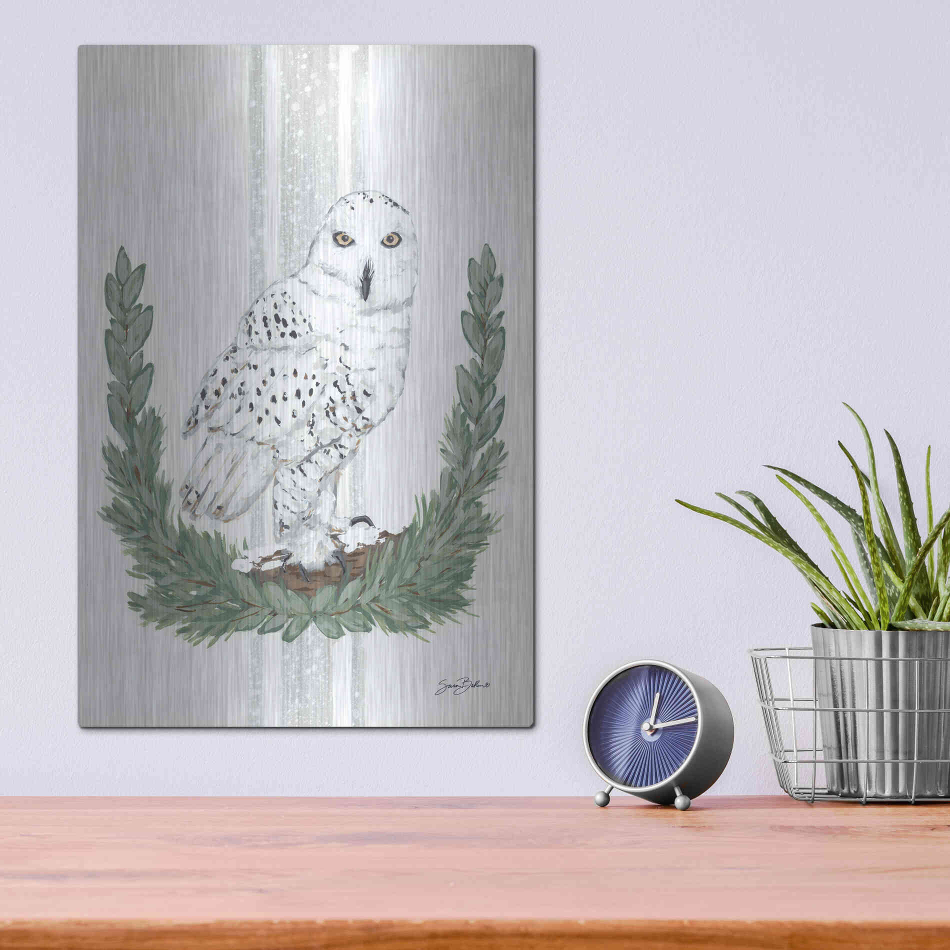 Luxe Metal Art 'Arctic Winter Owl  ' by Sara Baker, Metal Wall Art,12x16