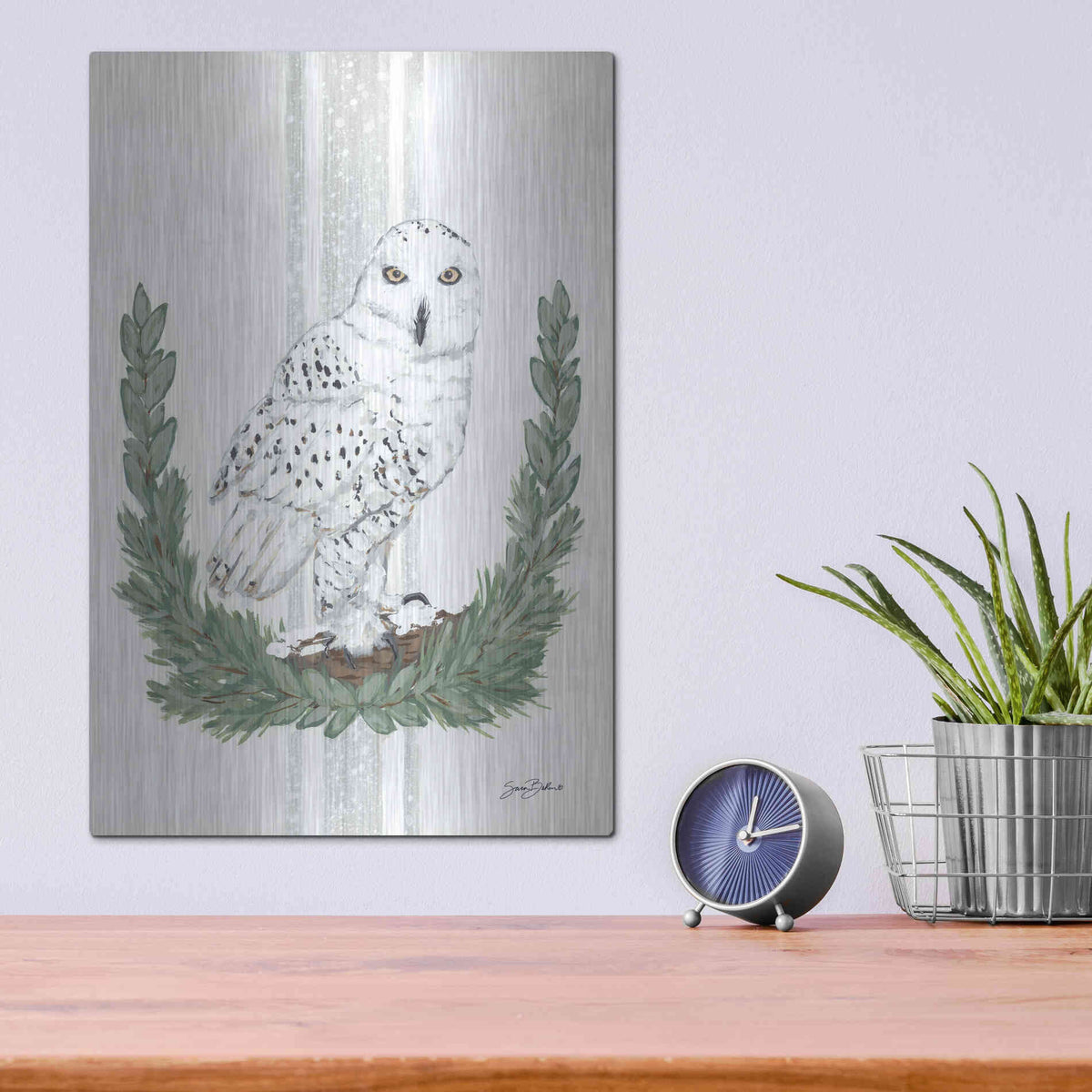 Luxe Metal Art 'Arctic Winter Owl  ' by Sara Baker, Metal Wall Art,12x16