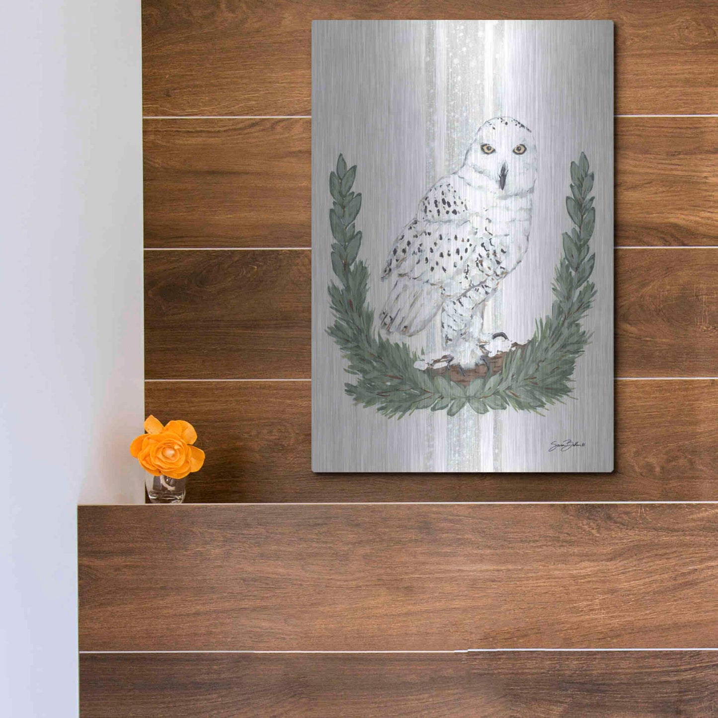 Luxe Metal Art 'Arctic Winter Owl  ' by Sara Baker, Metal Wall Art,12x16