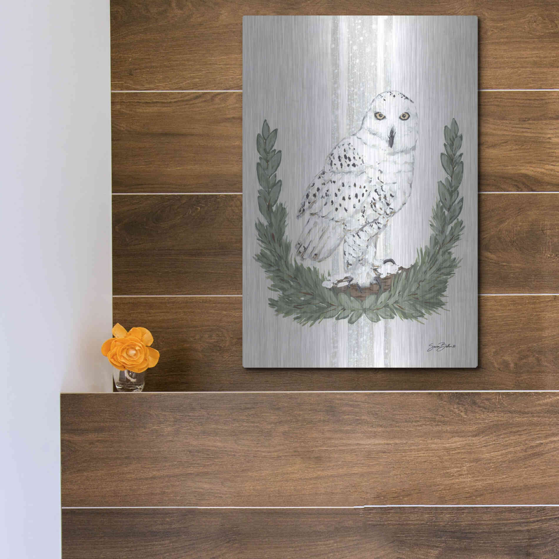 Luxe Metal Art 'Arctic Winter Owl  ' by Sara Baker, Metal Wall Art,12x16