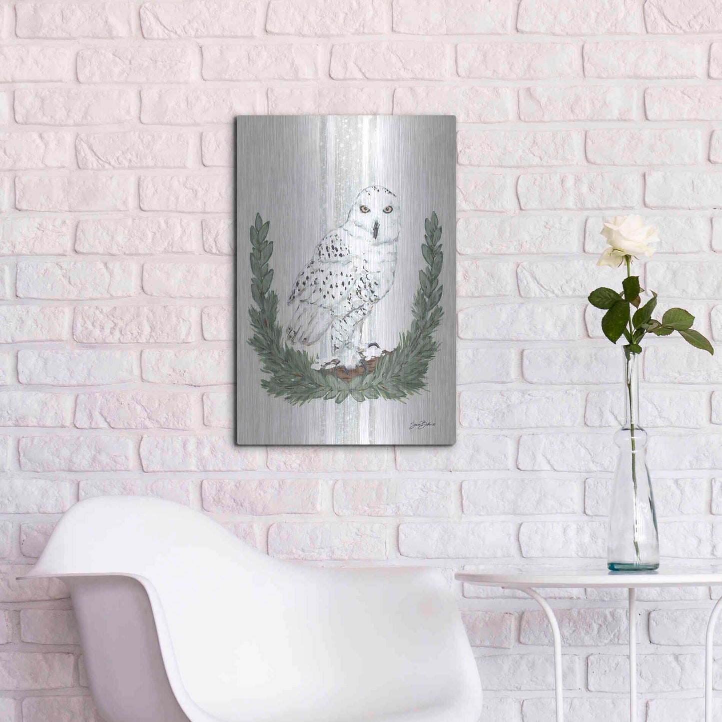 Luxe Metal Art 'Arctic Winter Owl  ' by Sara Baker, Metal Wall Art,16x24