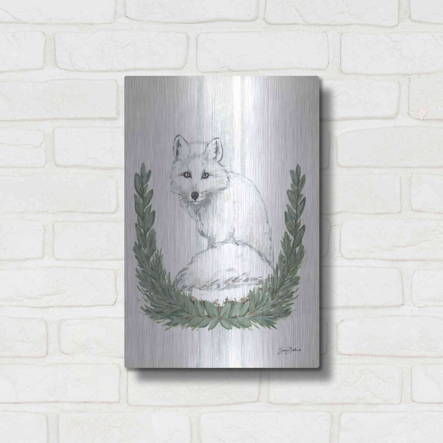 Luxe Metal Art 'Arctic Winter Fox  ' by Sara Baker, Metal Wall Art,12x16