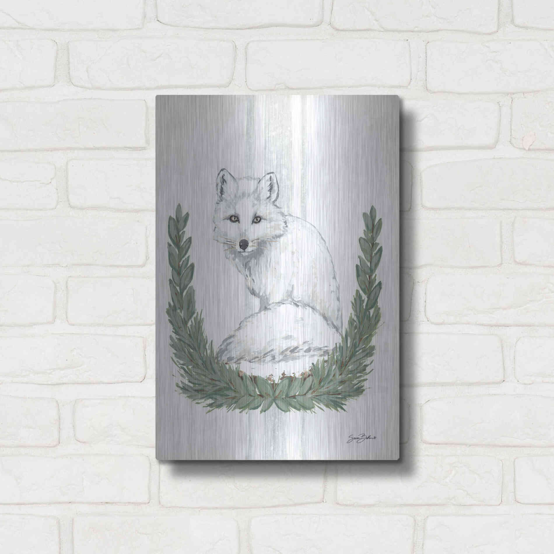 Luxe Metal Art 'Arctic Winter Fox  ' by Sara Baker, Metal Wall Art,12x16