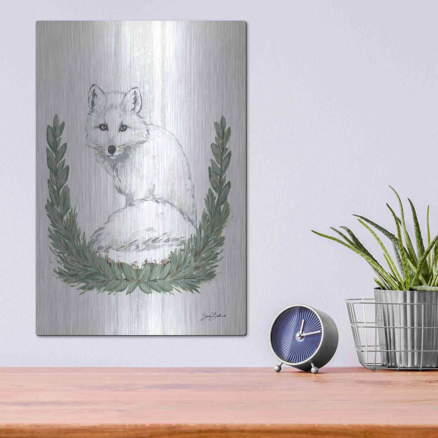Luxe Metal Art 'Arctic Winter Fox  ' by Sara Baker, Metal Wall Art,12x16
