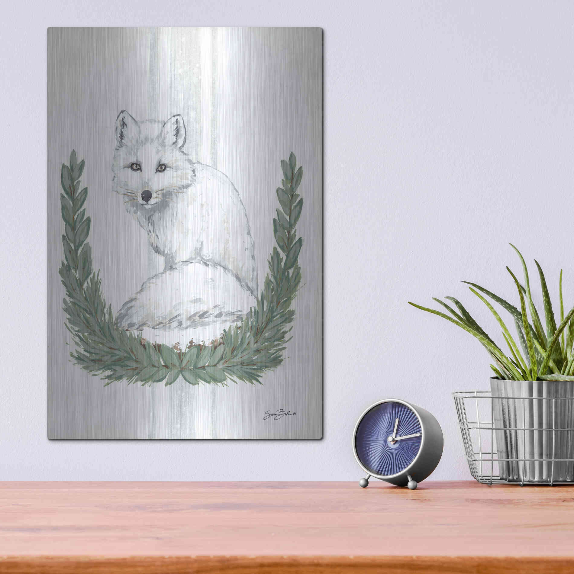 Luxe Metal Art 'Arctic Winter Fox  ' by Sara Baker, Metal Wall Art,12x16