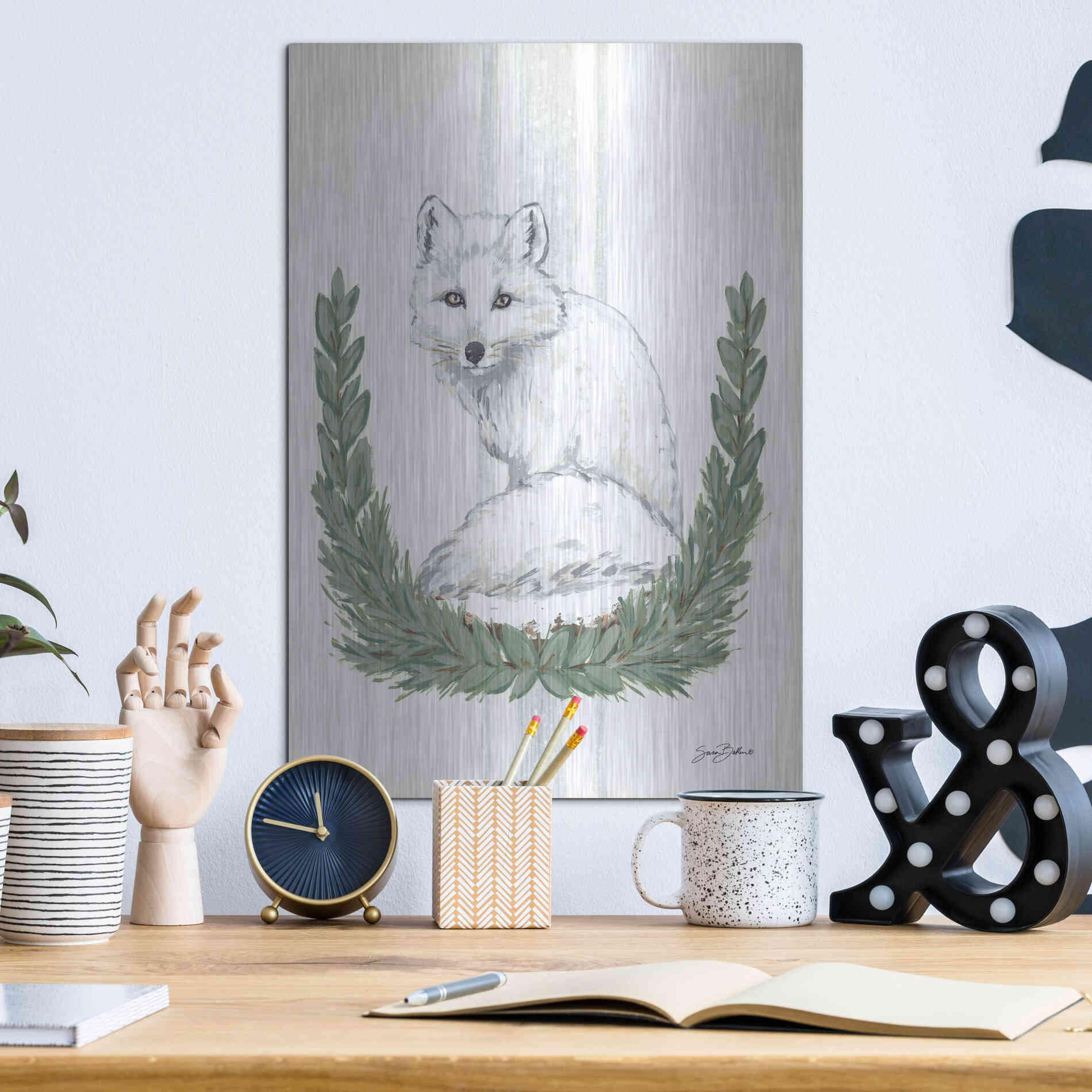 Luxe Metal Art 'Arctic Winter Fox  ' by Sara Baker, Metal Wall Art,12x16
