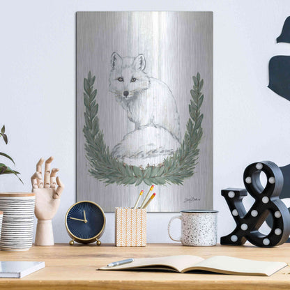Luxe Metal Art 'Arctic Winter Fox  ' by Sara Baker, Metal Wall Art,12x16