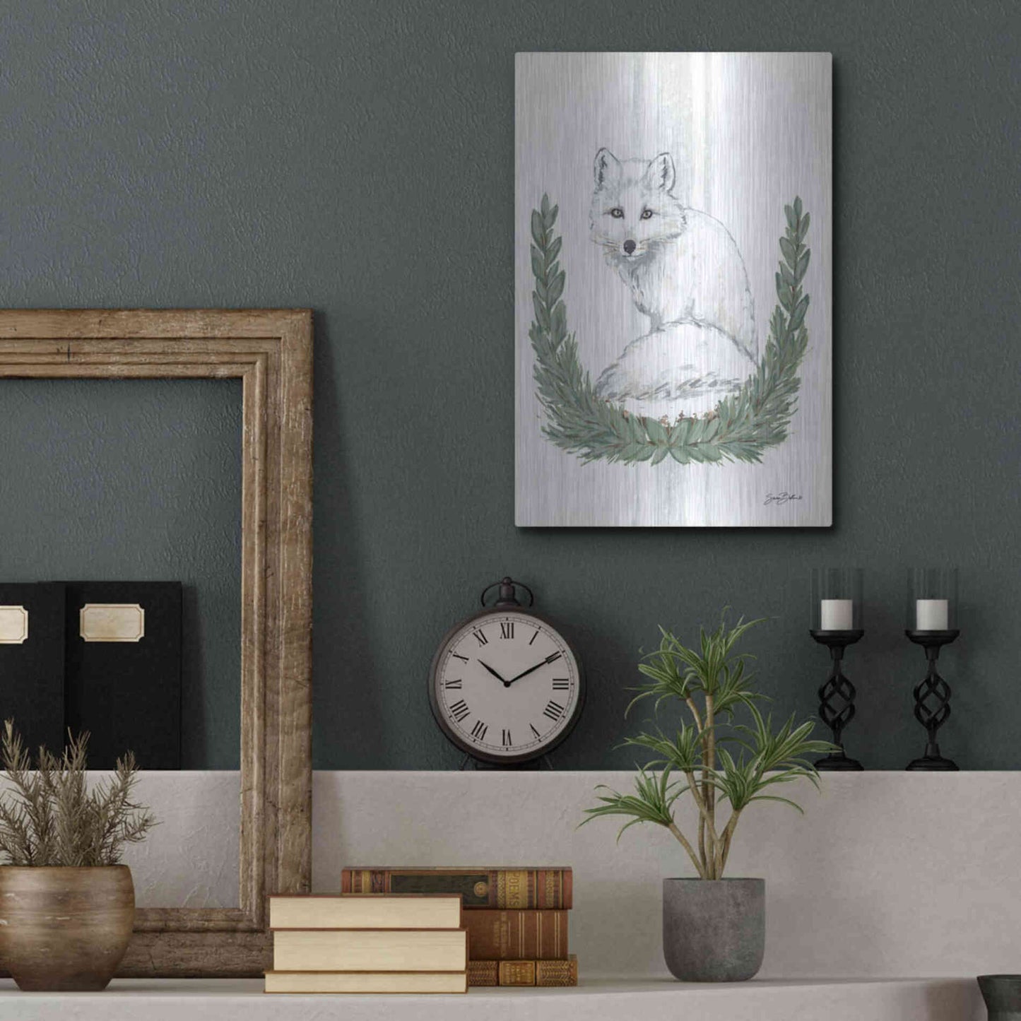 Luxe Metal Art 'Arctic Winter Fox  ' by Sara Baker, Metal Wall Art,12x16