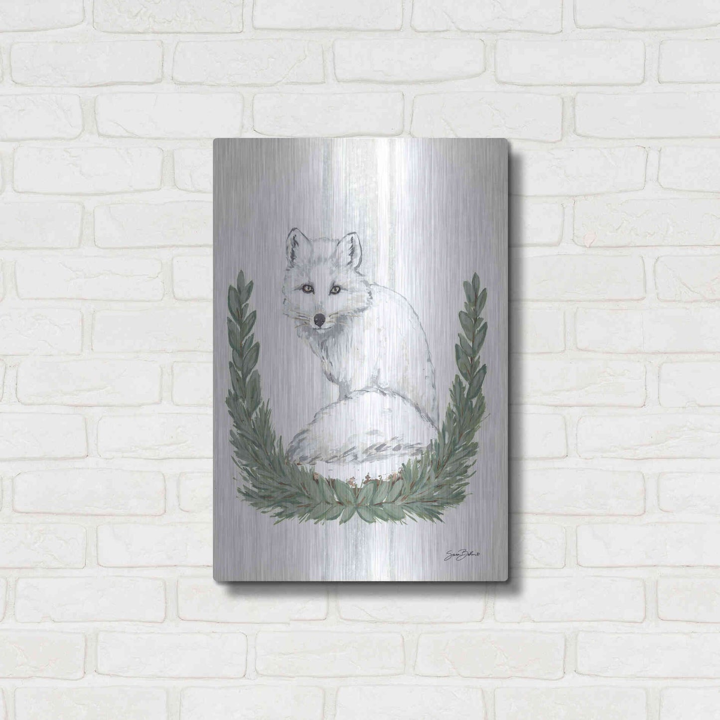 Luxe Metal Art 'Arctic Winter Fox  ' by Sara Baker, Metal Wall Art,16x24