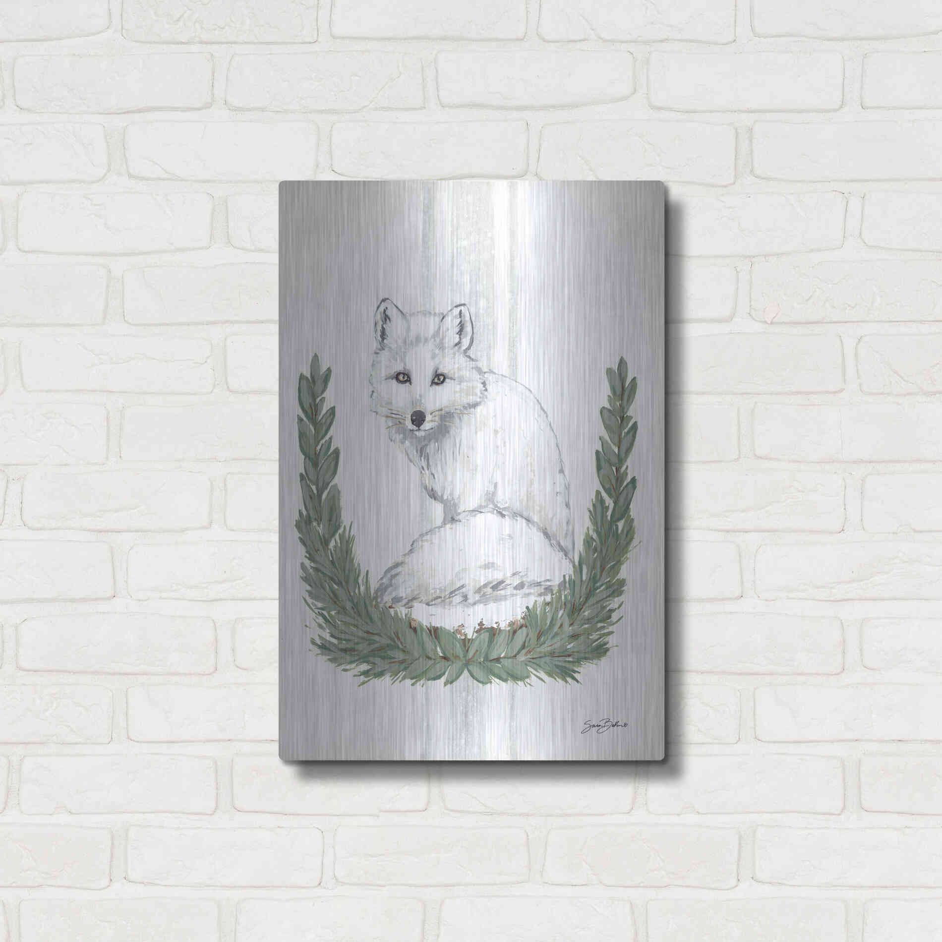 Luxe Metal Art 'Arctic Winter Fox  ' by Sara Baker, Metal Wall Art,16x24