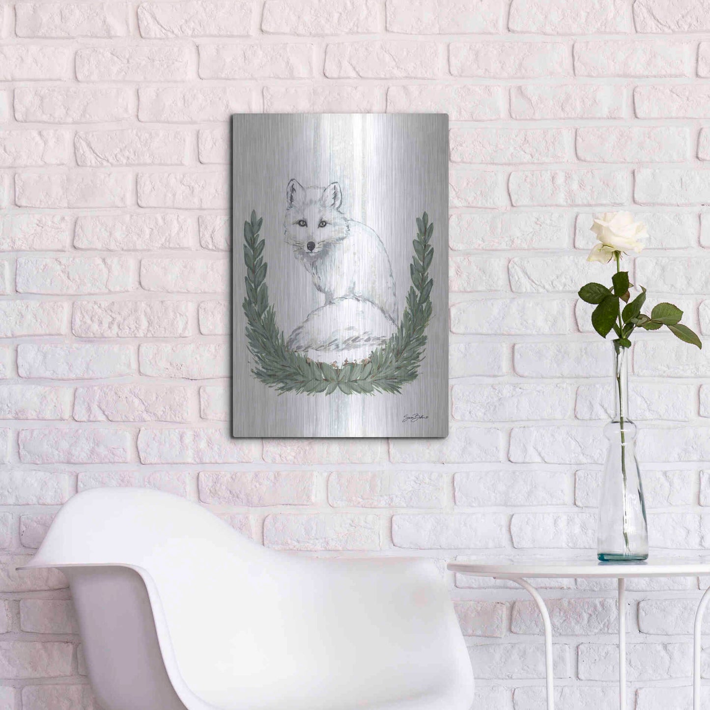 Luxe Metal Art 'Arctic Winter Fox  ' by Sara Baker, Metal Wall Art,16x24