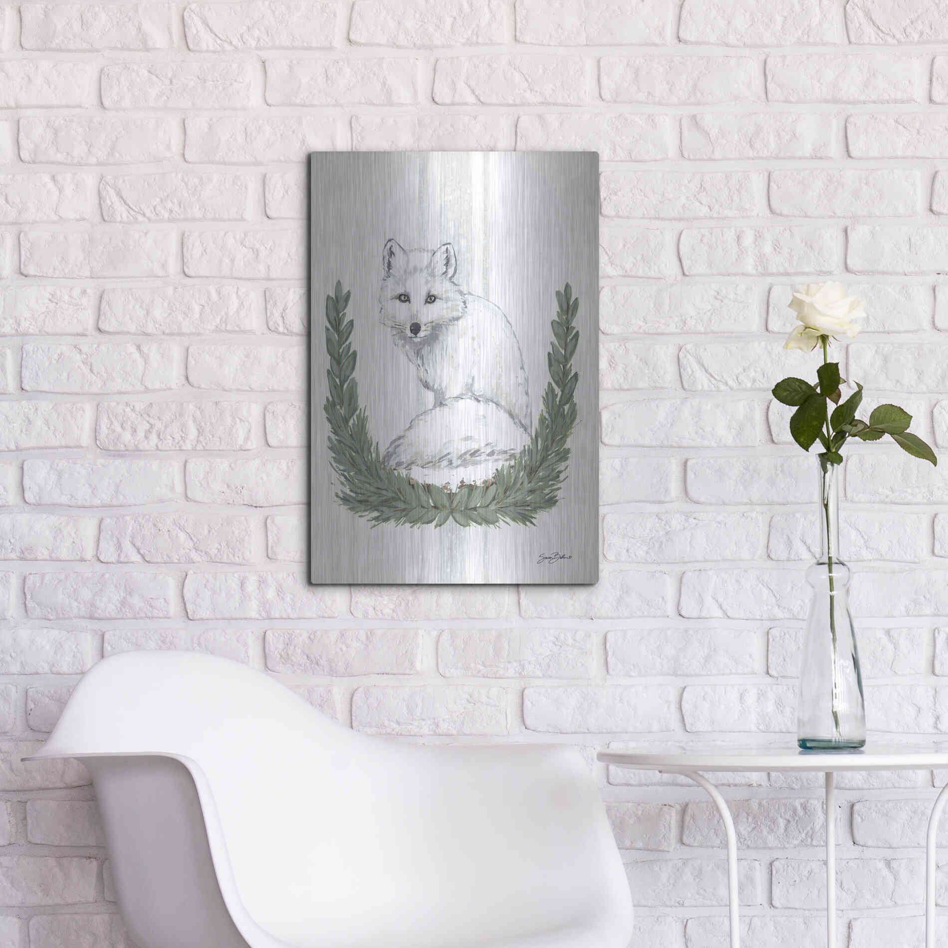Luxe Metal Art 'Arctic Winter Fox  ' by Sara Baker, Metal Wall Art,16x24