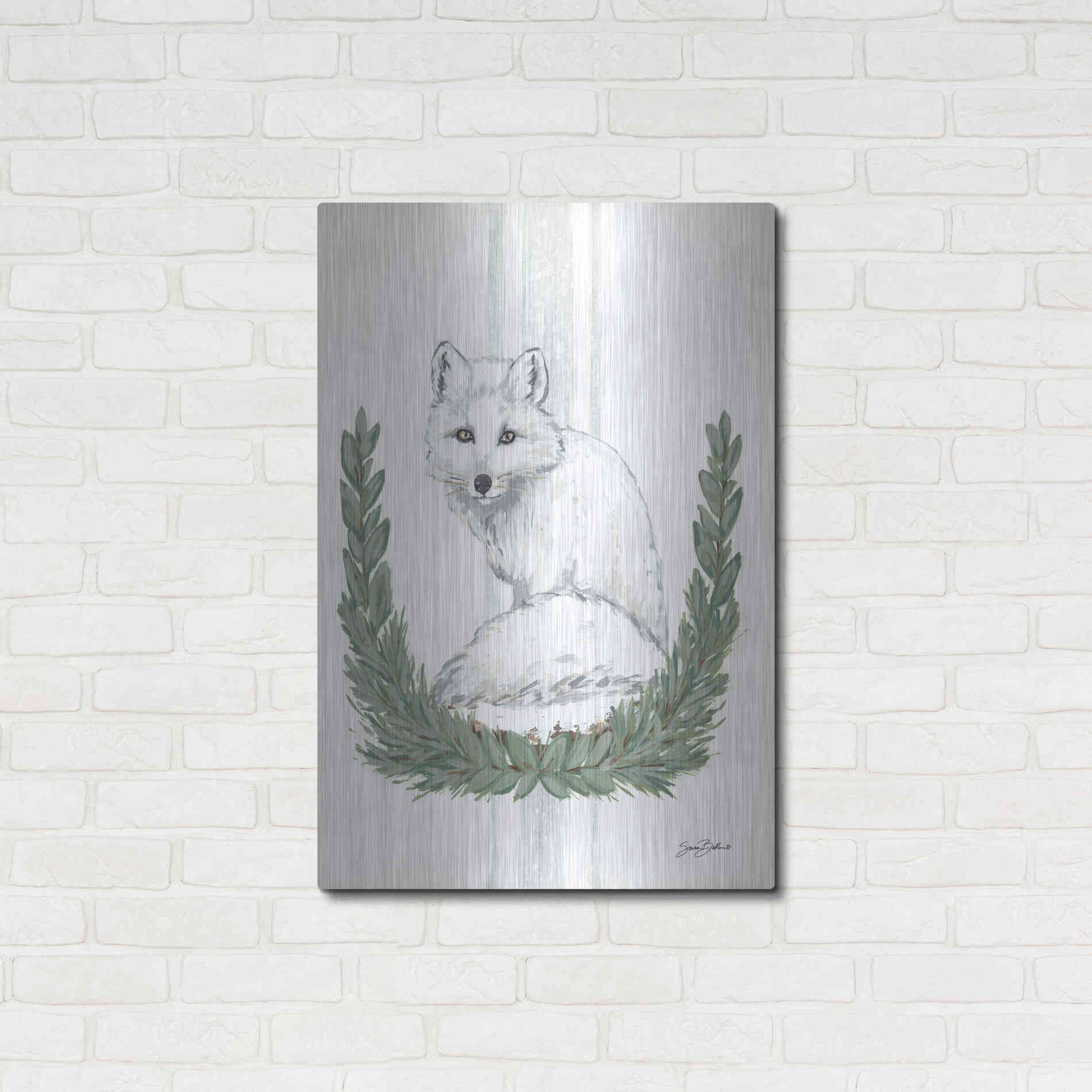 Luxe Metal Art 'Arctic Winter Fox  ' by Sara Baker, Metal Wall Art,24x36
