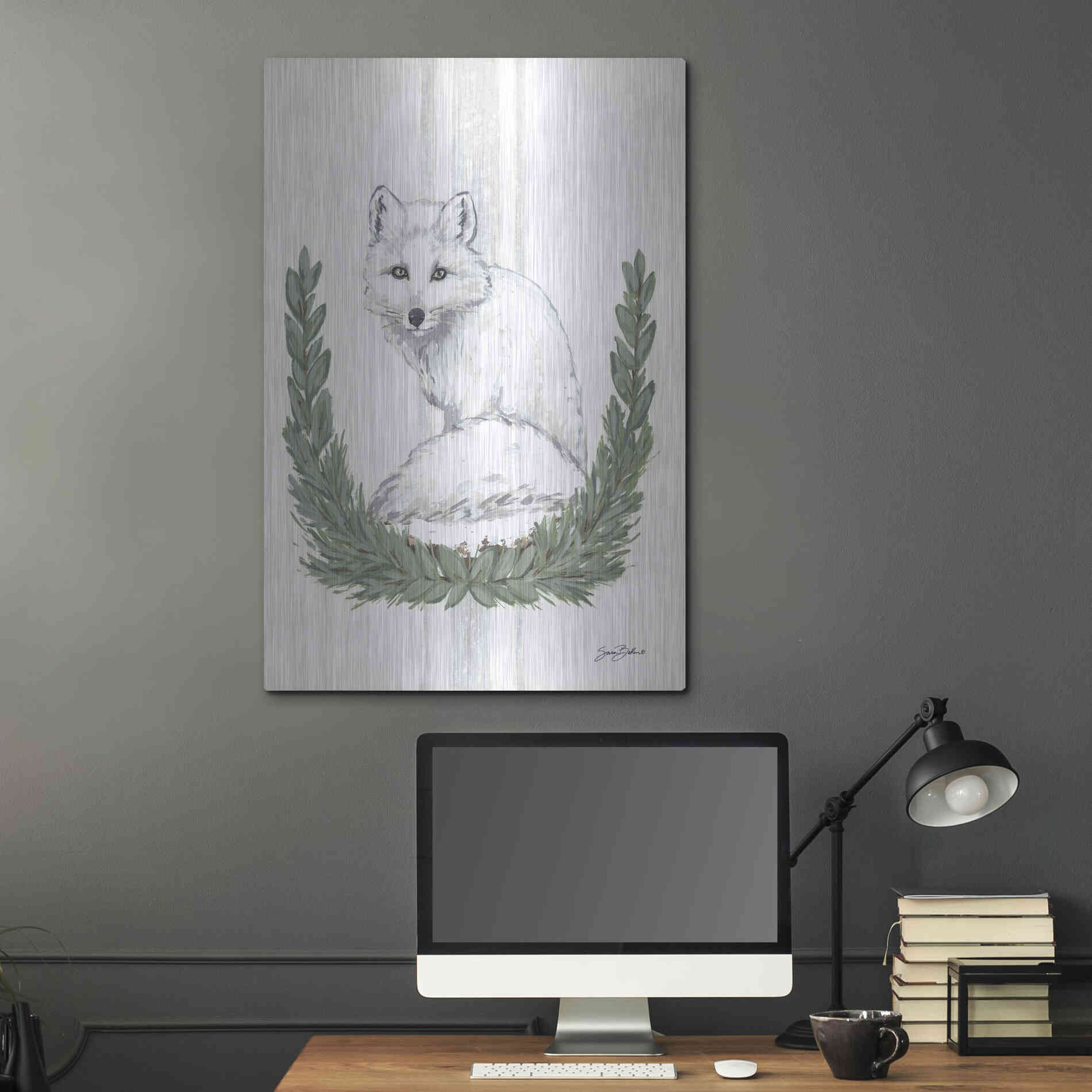 Luxe Metal Art 'Arctic Winter Fox  ' by Sara Baker, Metal Wall Art,24x36