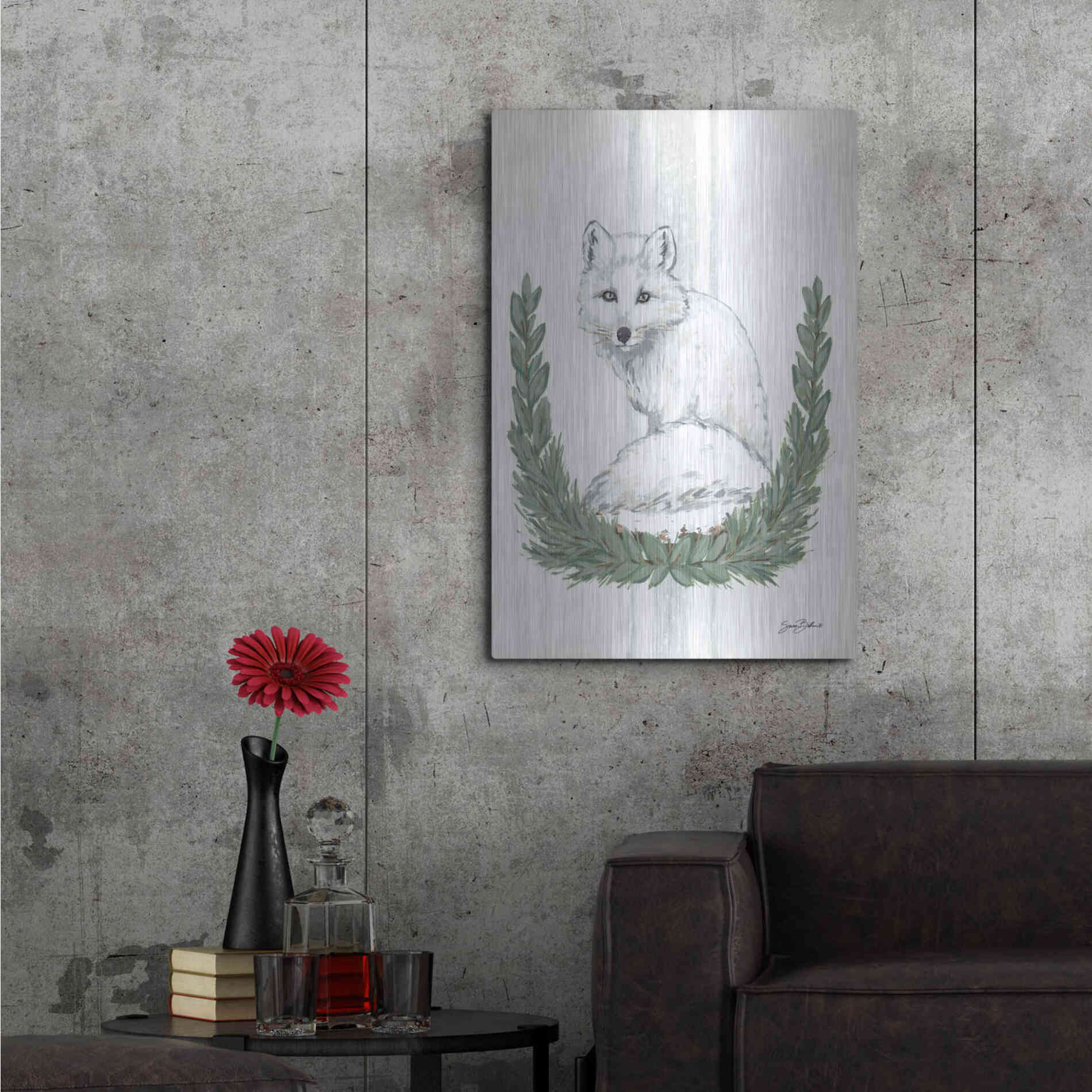 Luxe Metal Art 'Arctic Winter Fox  ' by Sara Baker, Metal Wall Art,24x36