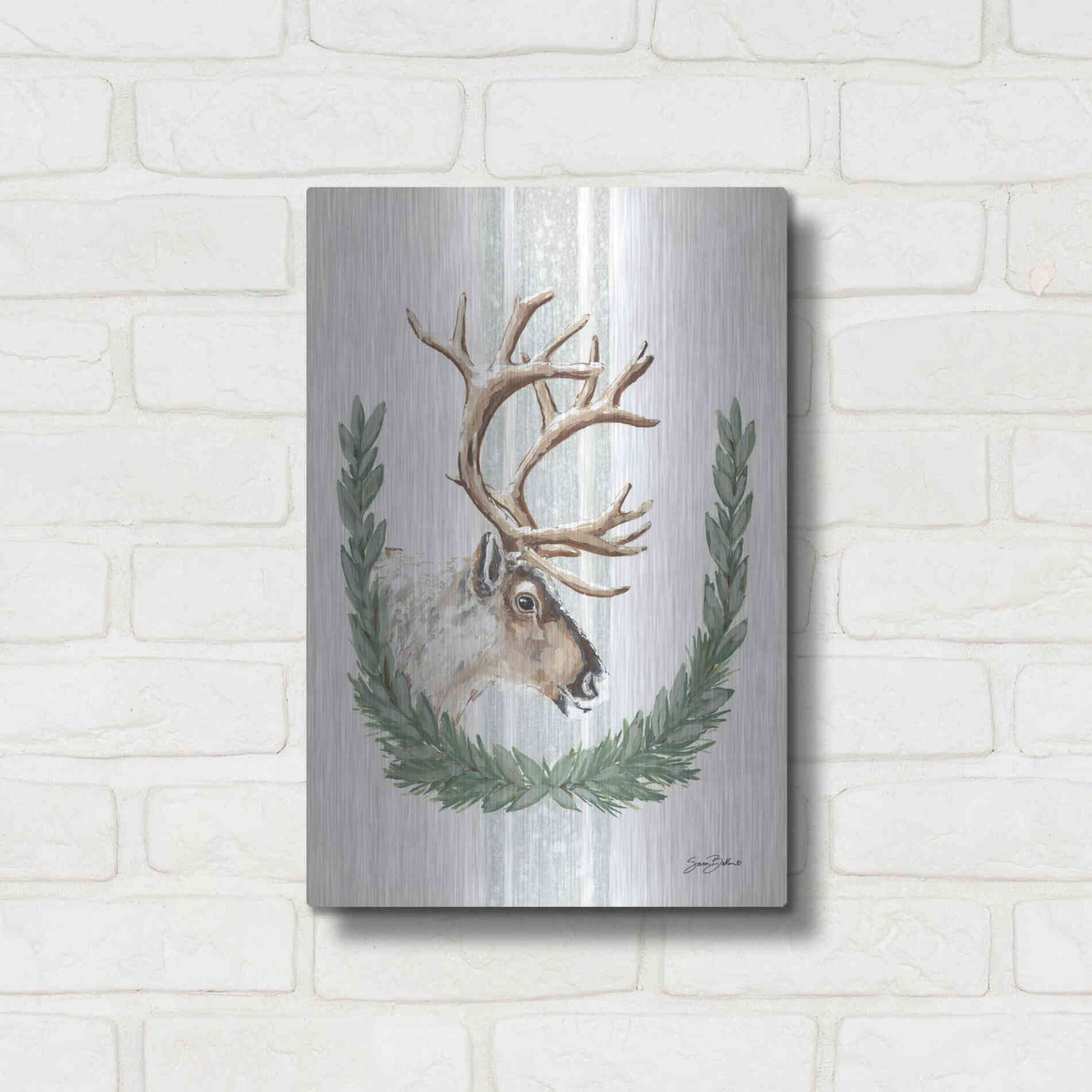 Luxe Metal Art 'Arctic Winter Reindeer  ' by Sara Baker, Metal Wall Art,12x16