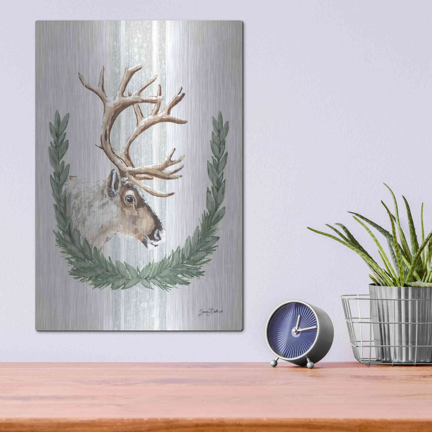Luxe Metal Art 'Arctic Winter Reindeer  ' by Sara Baker, Metal Wall Art,12x16