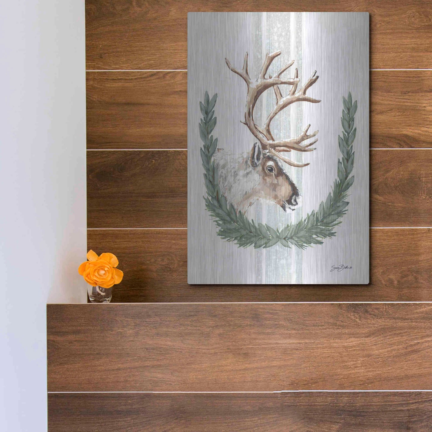 Luxe Metal Art 'Arctic Winter Reindeer  ' by Sara Baker, Metal Wall Art,12x16