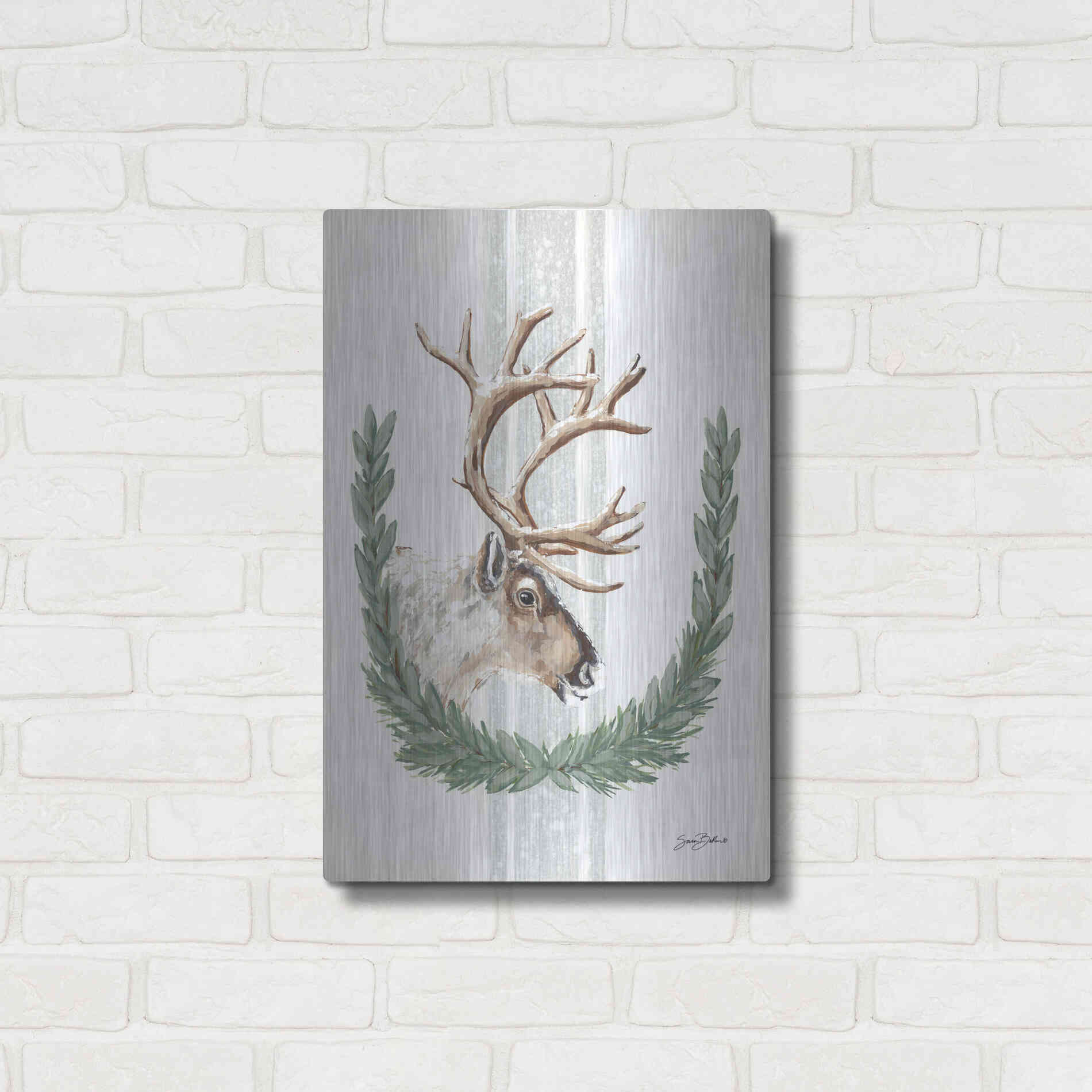Luxe Metal Art 'Arctic Winter Reindeer  ' by Sara Baker, Metal Wall Art,16x24