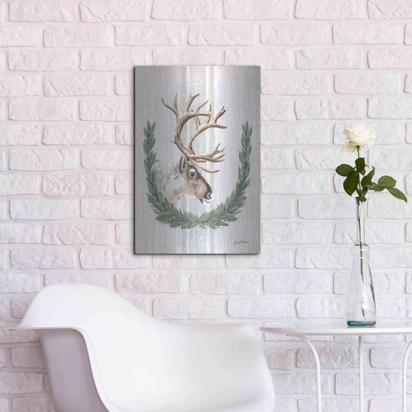 Luxe Metal Art 'Arctic Winter Reindeer  ' by Sara Baker, Metal Wall Art,16x24
