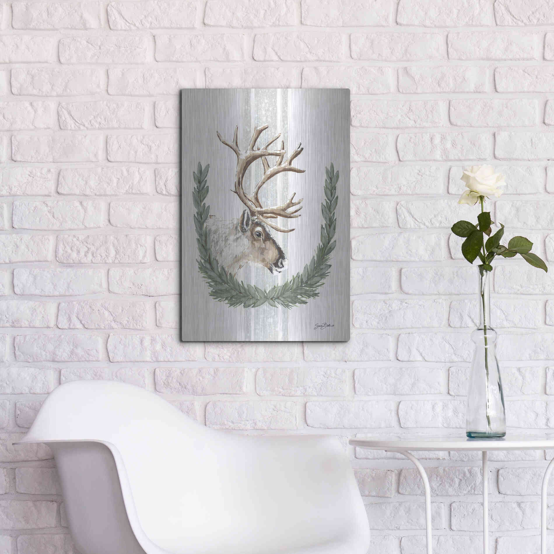 Luxe Metal Art 'Arctic Winter Reindeer  ' by Sara Baker, Metal Wall Art,16x24