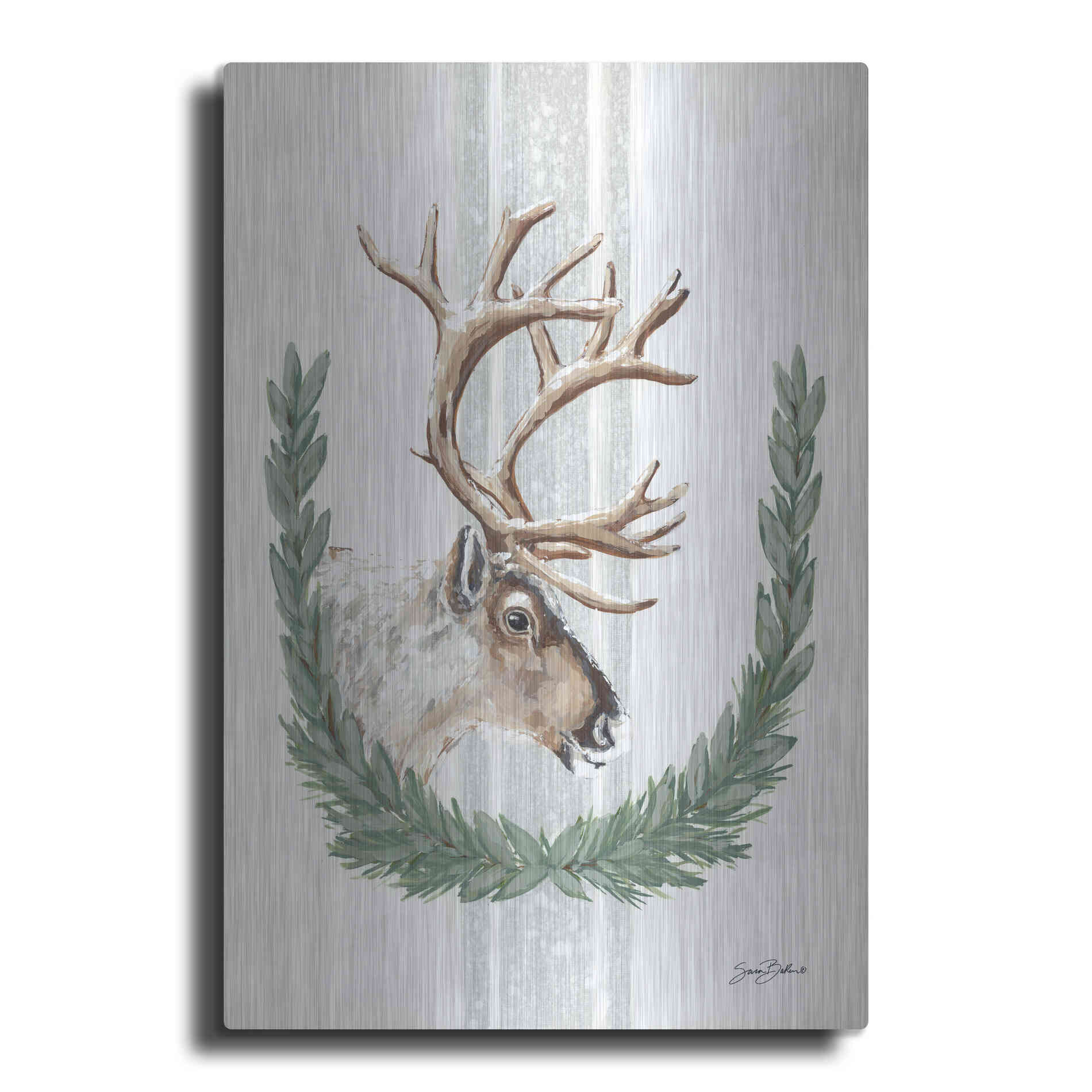 Luxe Metal Art 'Arctic Winter Reindeer  ' by Sara Baker, Metal Wall Art