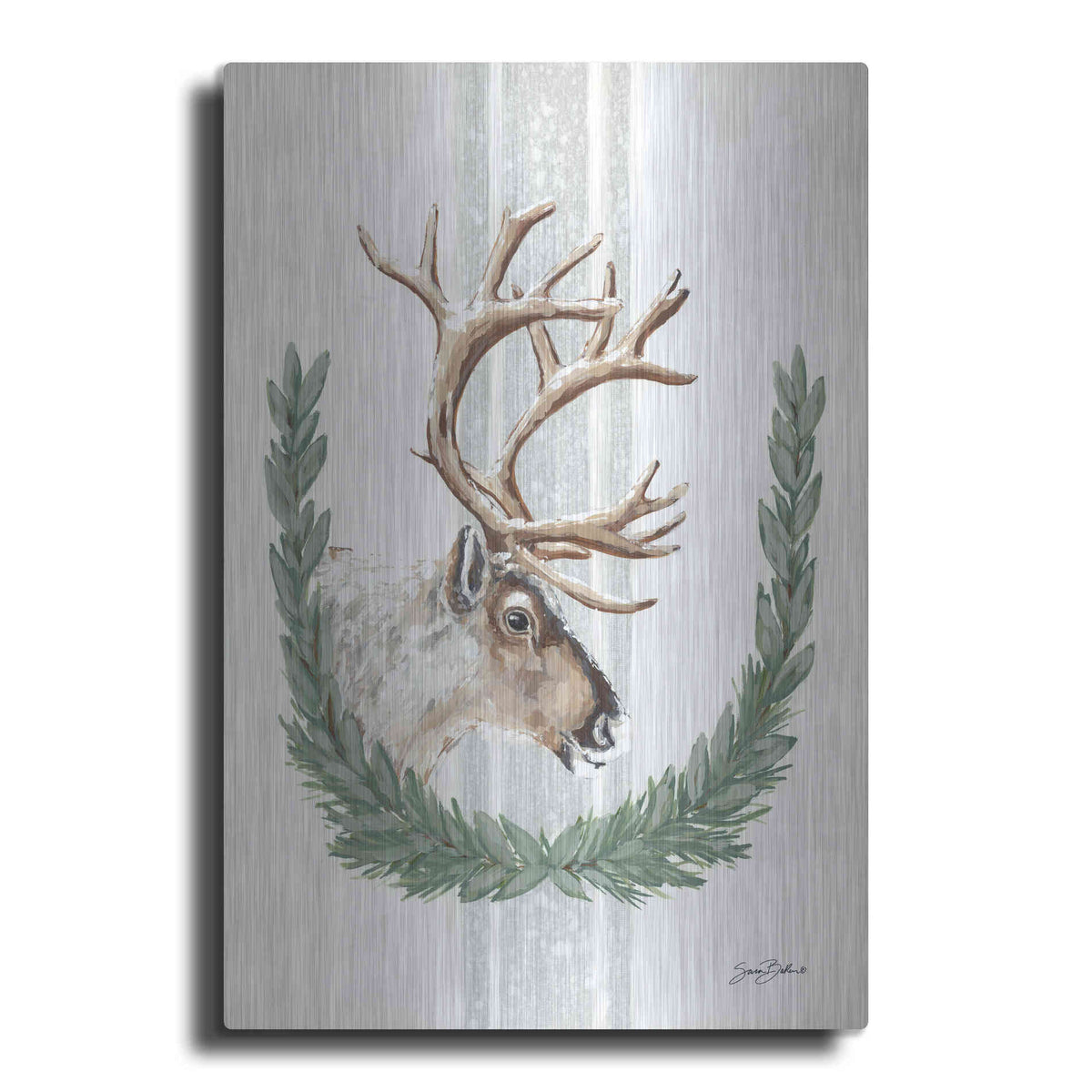 Luxe Metal Art 'Arctic Winter Reindeer  ' by Sara Baker, Metal Wall Art