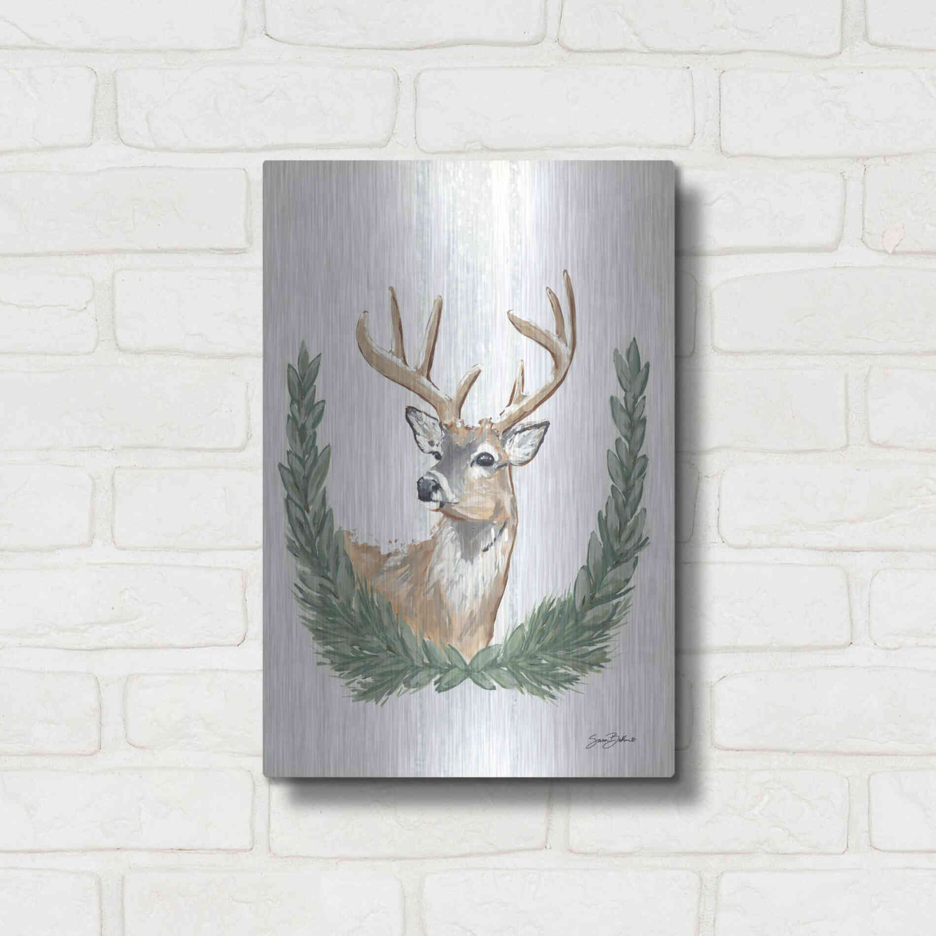 Luxe Metal Art 'Arctic Winter Deer  ' by Sara Baker, Metal Wall Art,12x16