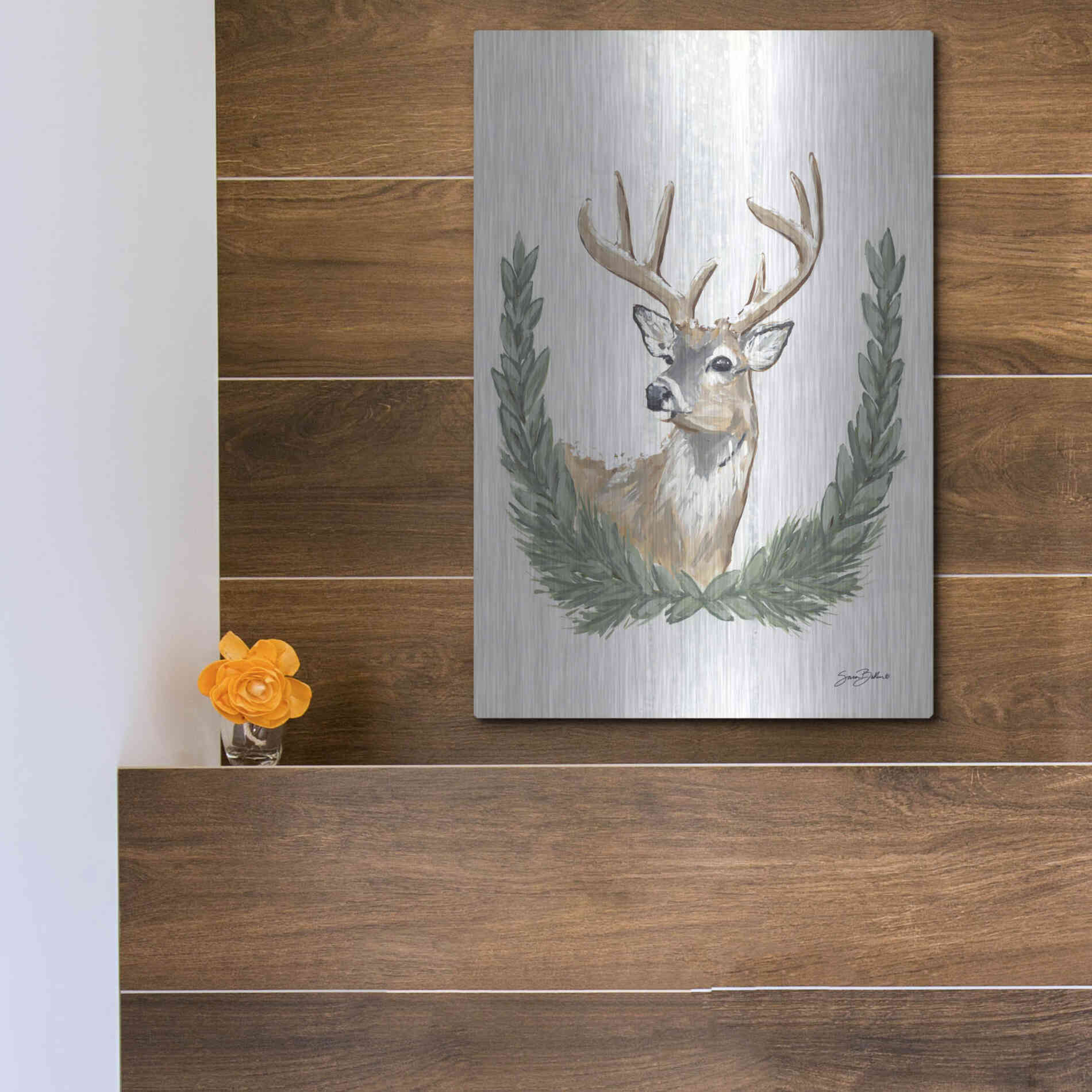 Luxe Metal Art 'Arctic Winter Deer  ' by Sara Baker, Metal Wall Art,12x16